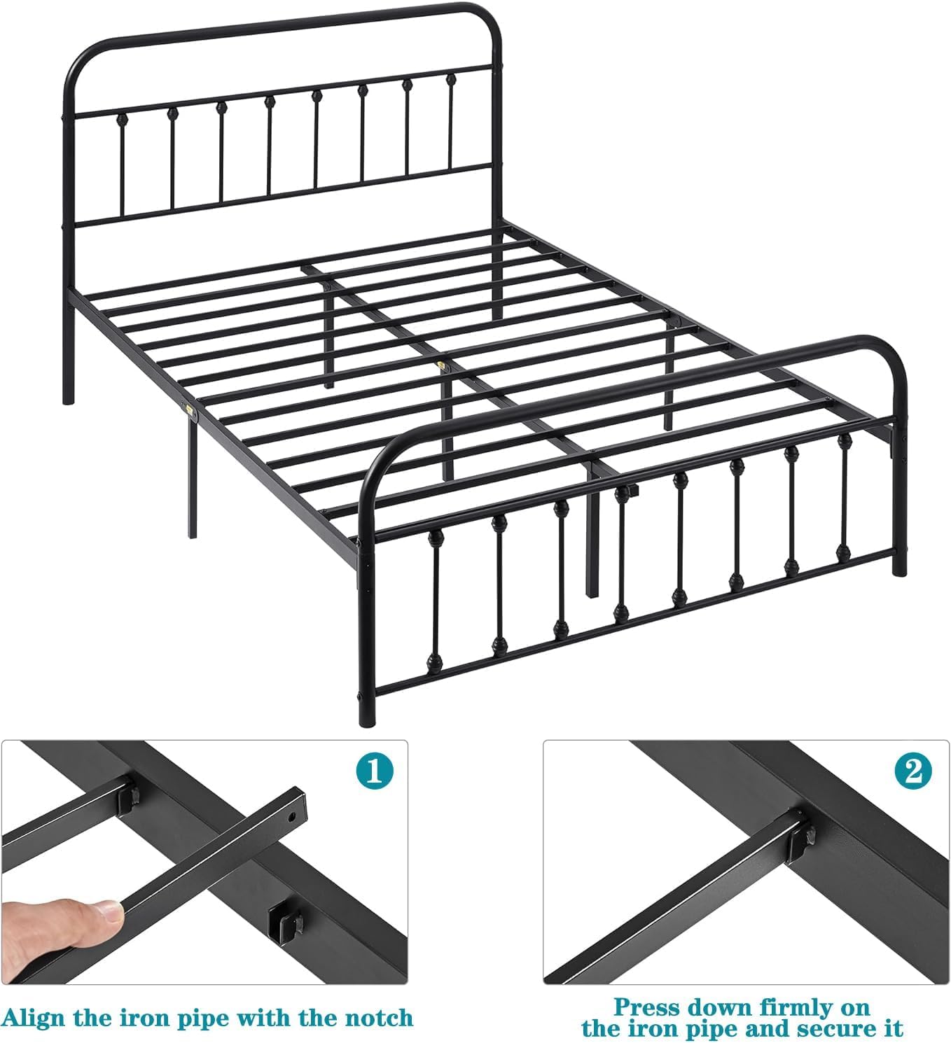 VECELO King Size Victorian Style Metal Bed Frame with Headboard/Mattress Foundation/No Box Spring Needed/Under Bed Storage and Strong Slat Support Purple Bronze