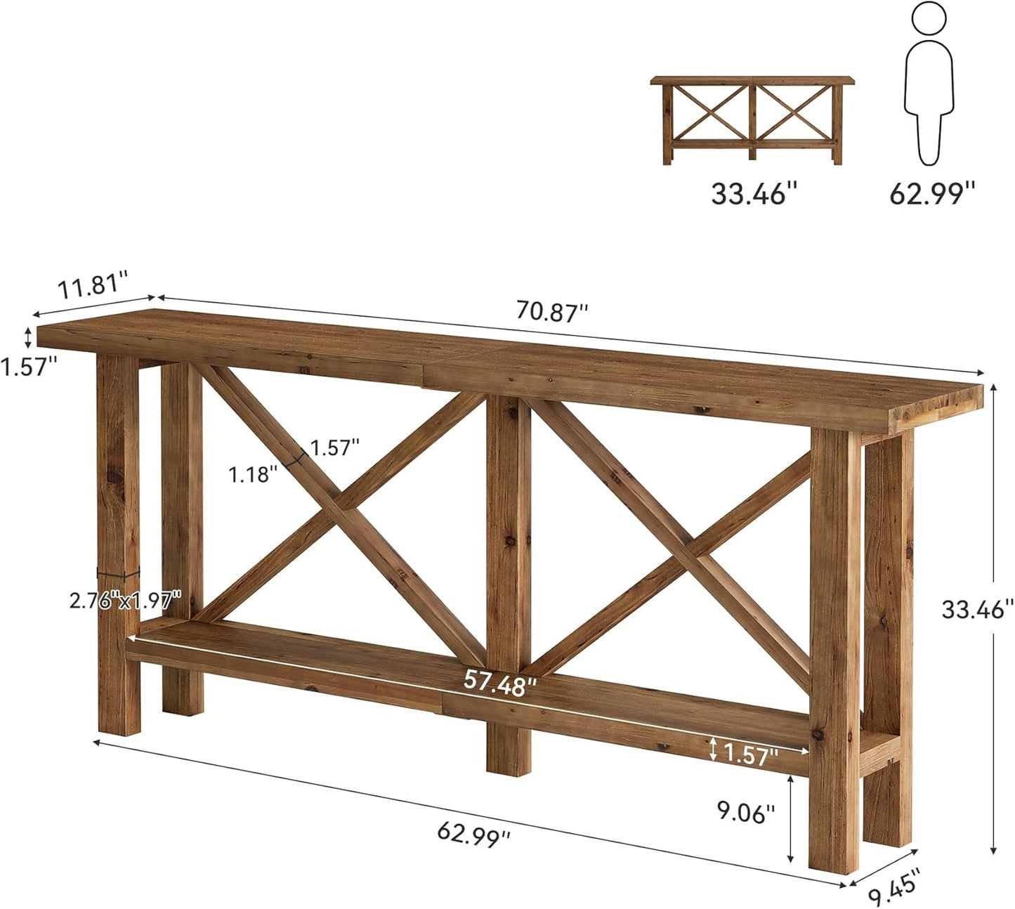 Solid Wood Console Table, 70.9-Inch Long Narrow Entryway Table with Storage, 2-Tier Farmhouse Sofa Console Behind Couch for Hallway, Foyer, Living Room, Entrance, Rustic Brown