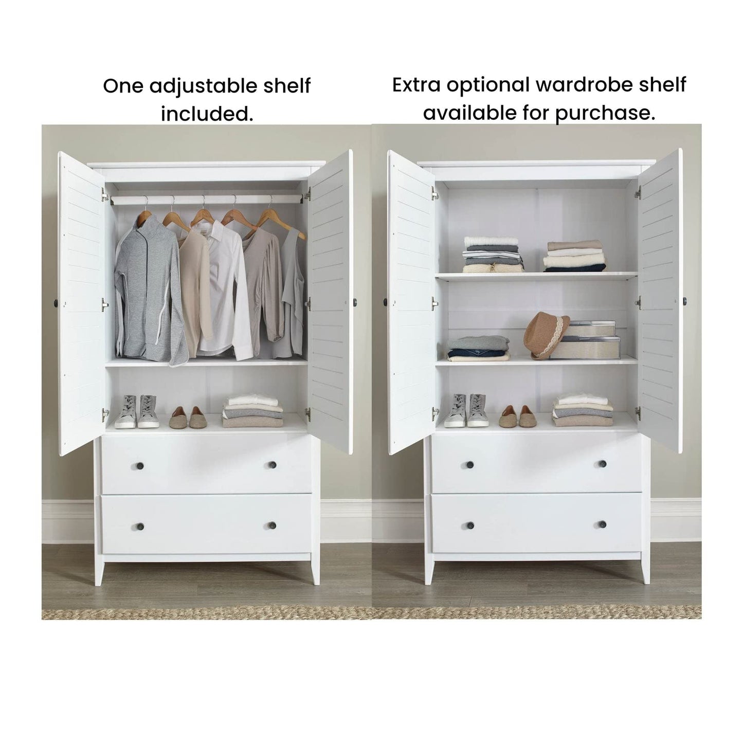 Grain Wood Furniture Greenport 2-Door Wardrobe, Solid Wood with a Brushed Walnut Finish
