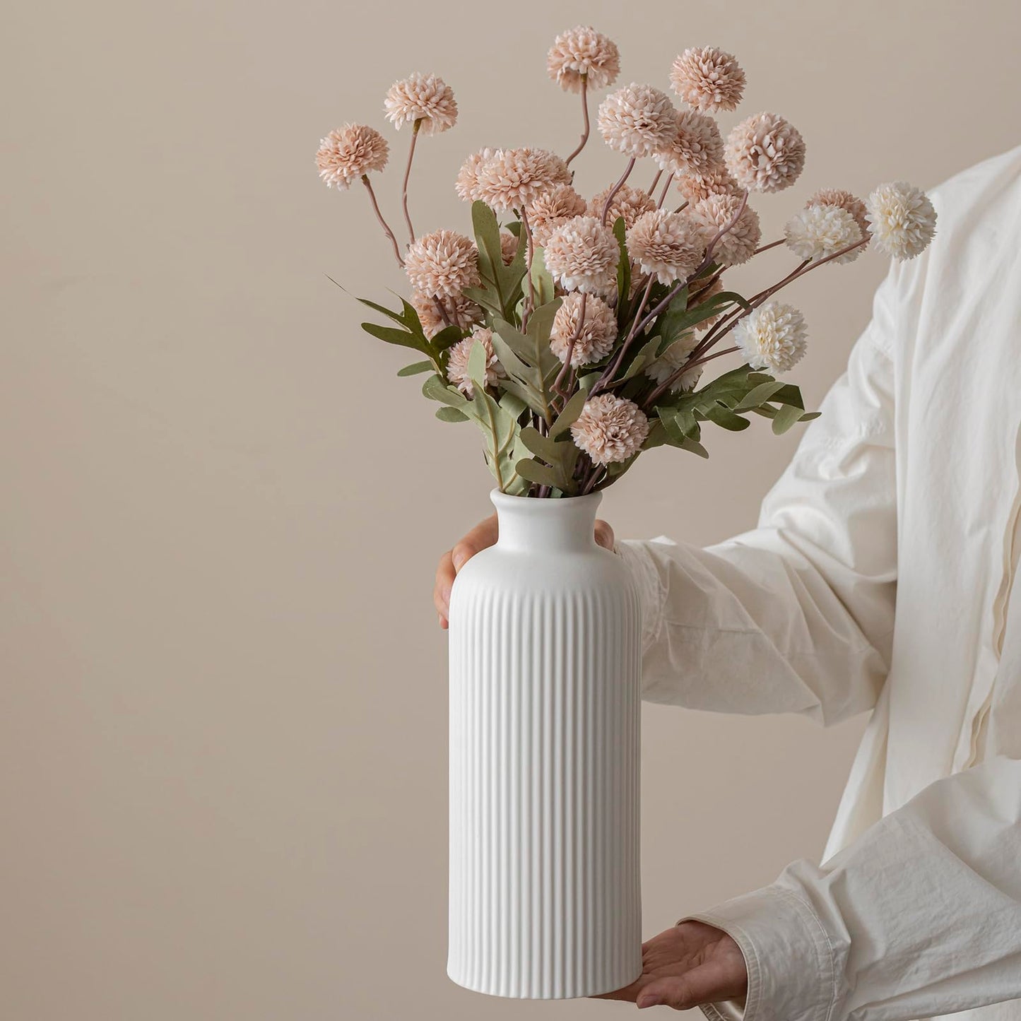 White Ribbed Ceramic Vase for Flowers, Modern Textured Decorative Vase, 10 Inch Tall, Farmhouse Style Home Decor (Matte Glaze White)