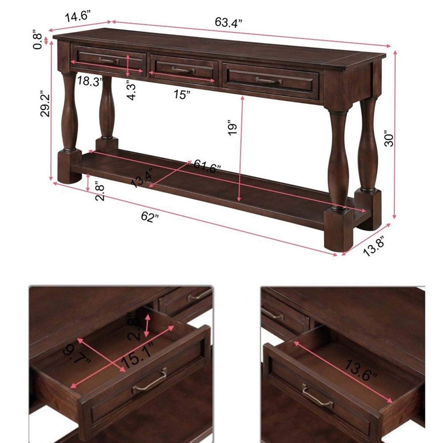 LKTART Solid Wood Console Table for Entryway,Long Sofa Table with 3 Drawers and Bottom Shelf for Hallway,Foyer,Entry,Easy Assembled (63" Light Espresso)