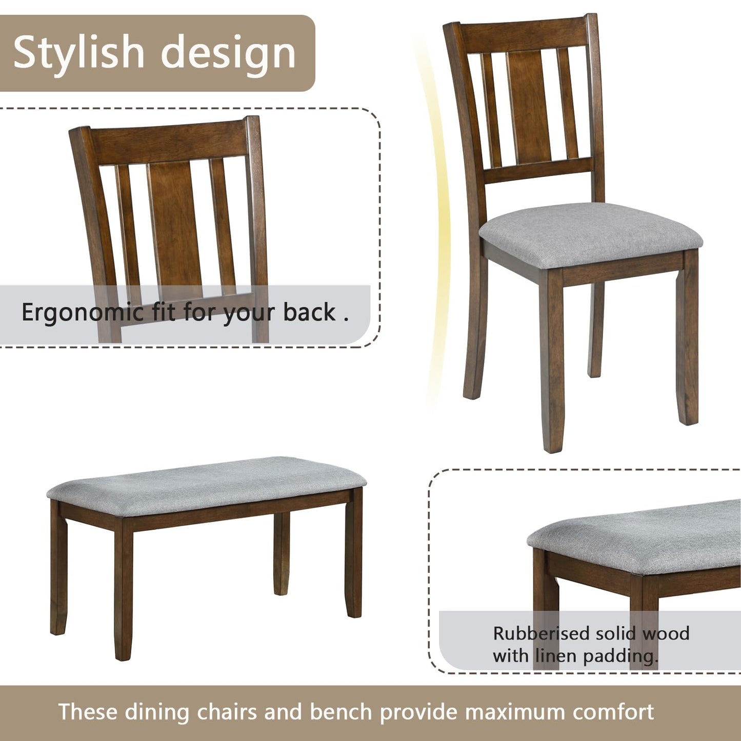 LKTART 6 Piece Kitchen Dining Set, 58.5" Rectangular Wooden Dinner Table with 4 Upholstered Chairs and a Bench for Living Room, Home Bar and Kitchen, Walnut