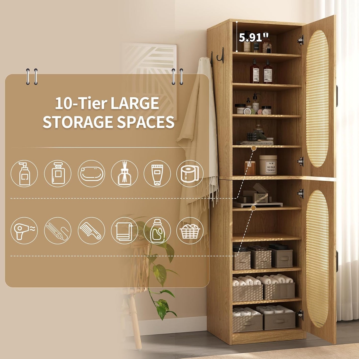 Epecoya Tall Bathroom Storage Cabinet with Rattan Doors for Toilet, 66-Inch Narrow Bath Room Organizer Space-Saving Floor Cabinets with Adjustable Shelves and 4 Hooks for Restroom, Small Spaces, Brown