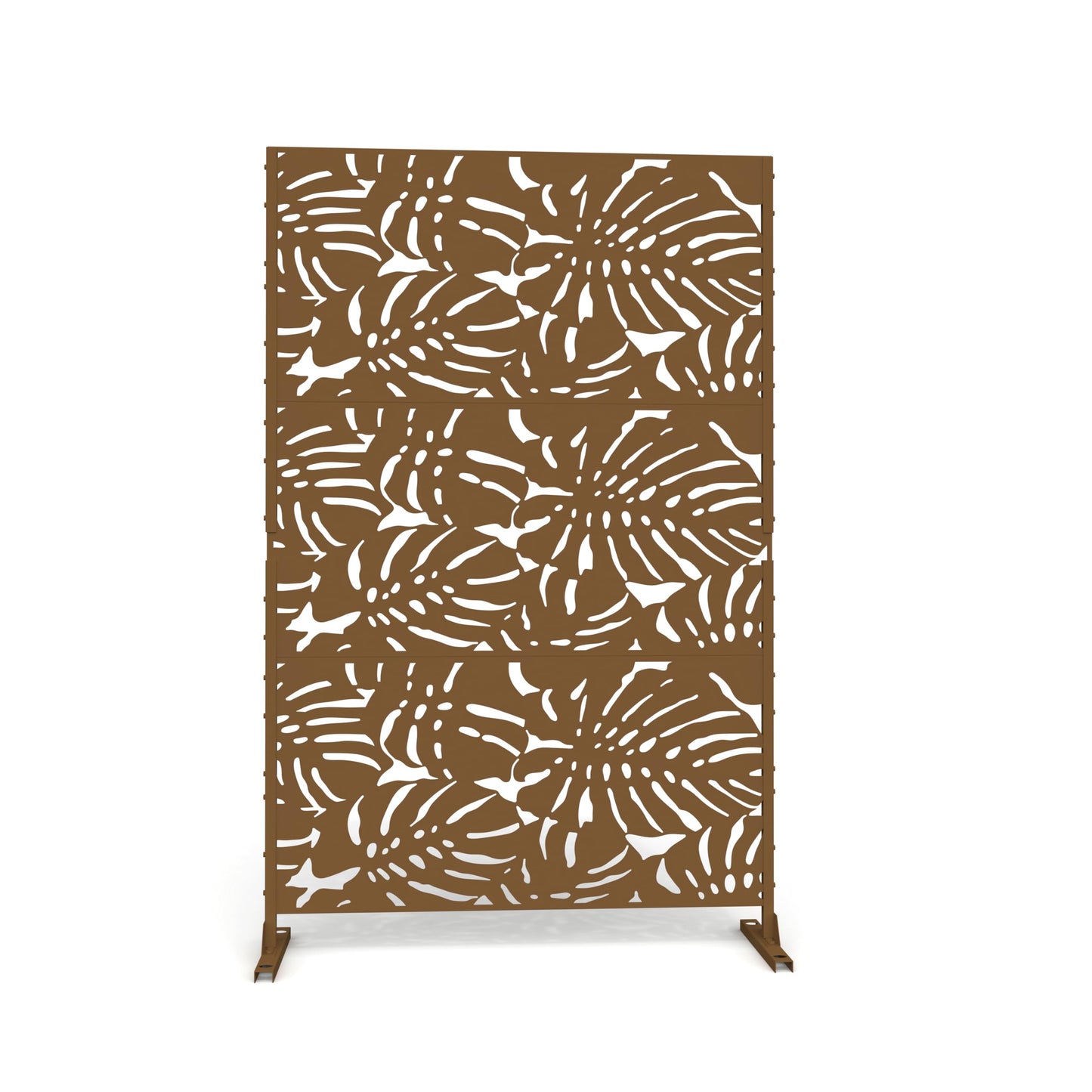 Outdoor Metal Privacy Screen with Stand, 72" H x 47" W Freestanding Outdoor Patio Divider, Decorative Patio Privacy Fence Panel for Garden Backyard Balcony Porch (Brown-Crossbanding)
