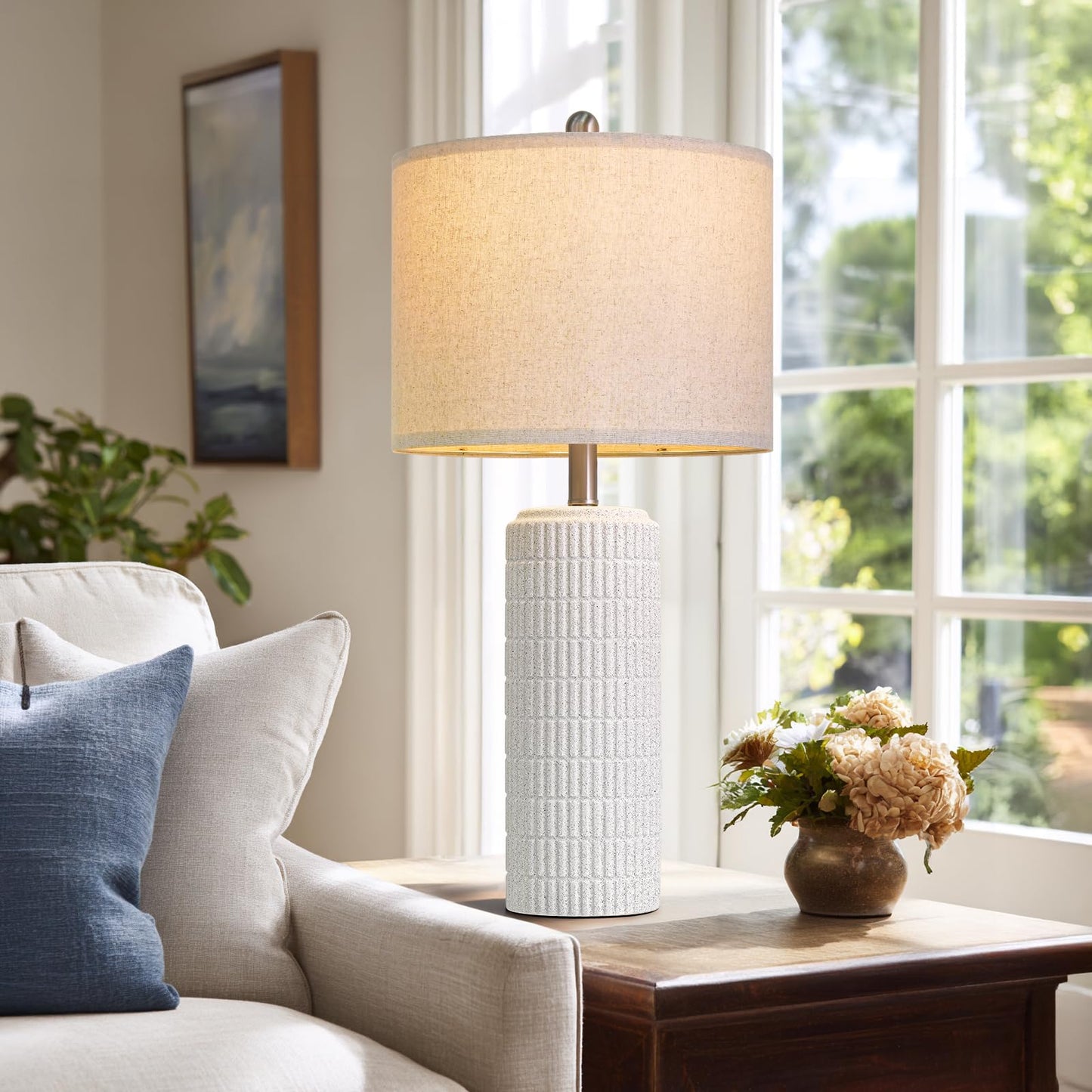 PoKat 23" Modern Ceramic Table Lamp Set of 2 for Living Room White Desk Lamps for Bedroom Farmhouse Bedside Nightstand Lamp House Warming Gifts New Home Decor End Table Lamps Gifts for Women Mom Beige