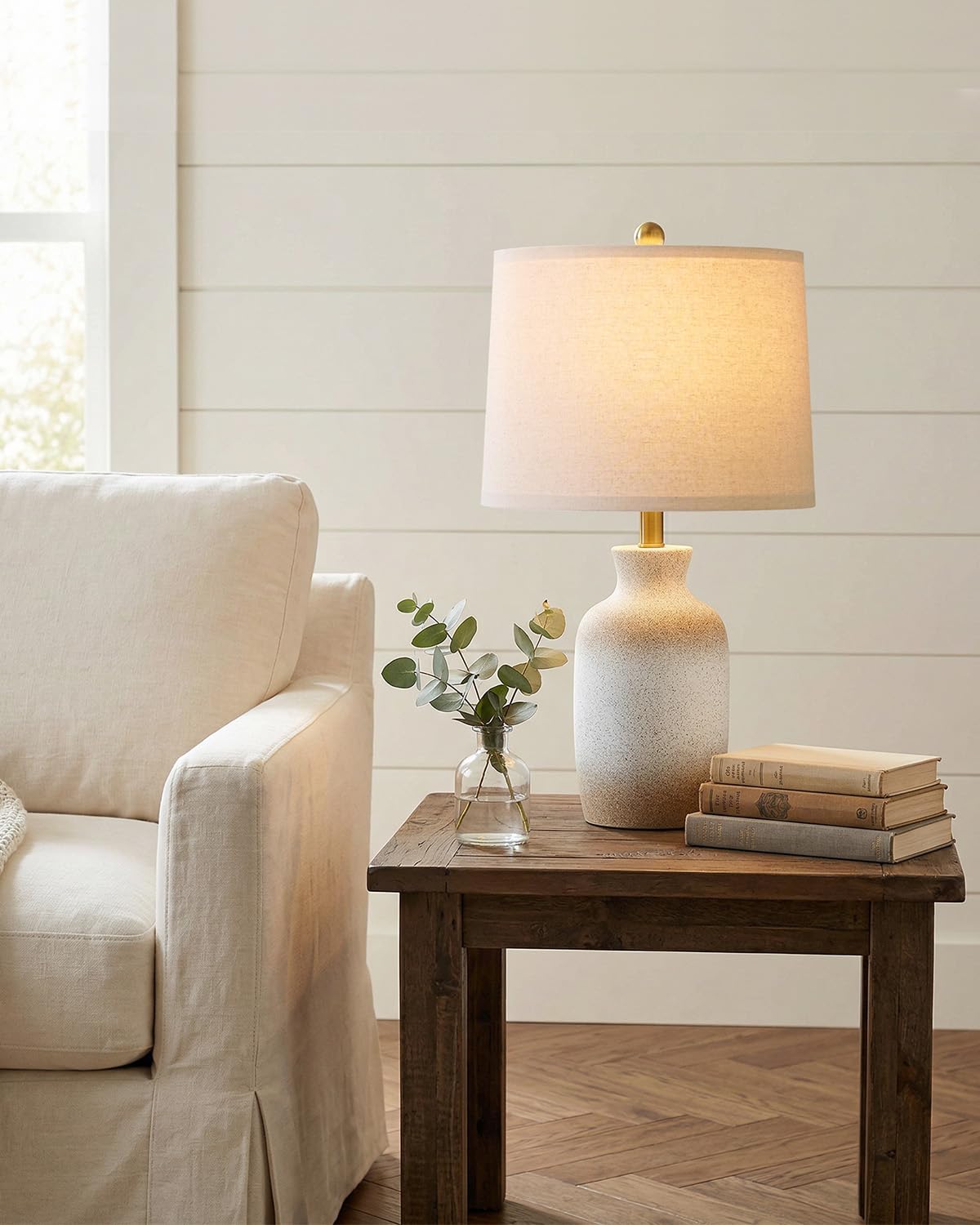 PoKat 24'' Farmhouse Ceramic Table Lamp for Living Room with Natural Textured Finish, Rustic Bedside Lamps for Bedroom, Organic Nightstand Lamps Dresser End Side Table Home Gift (White and Antique)