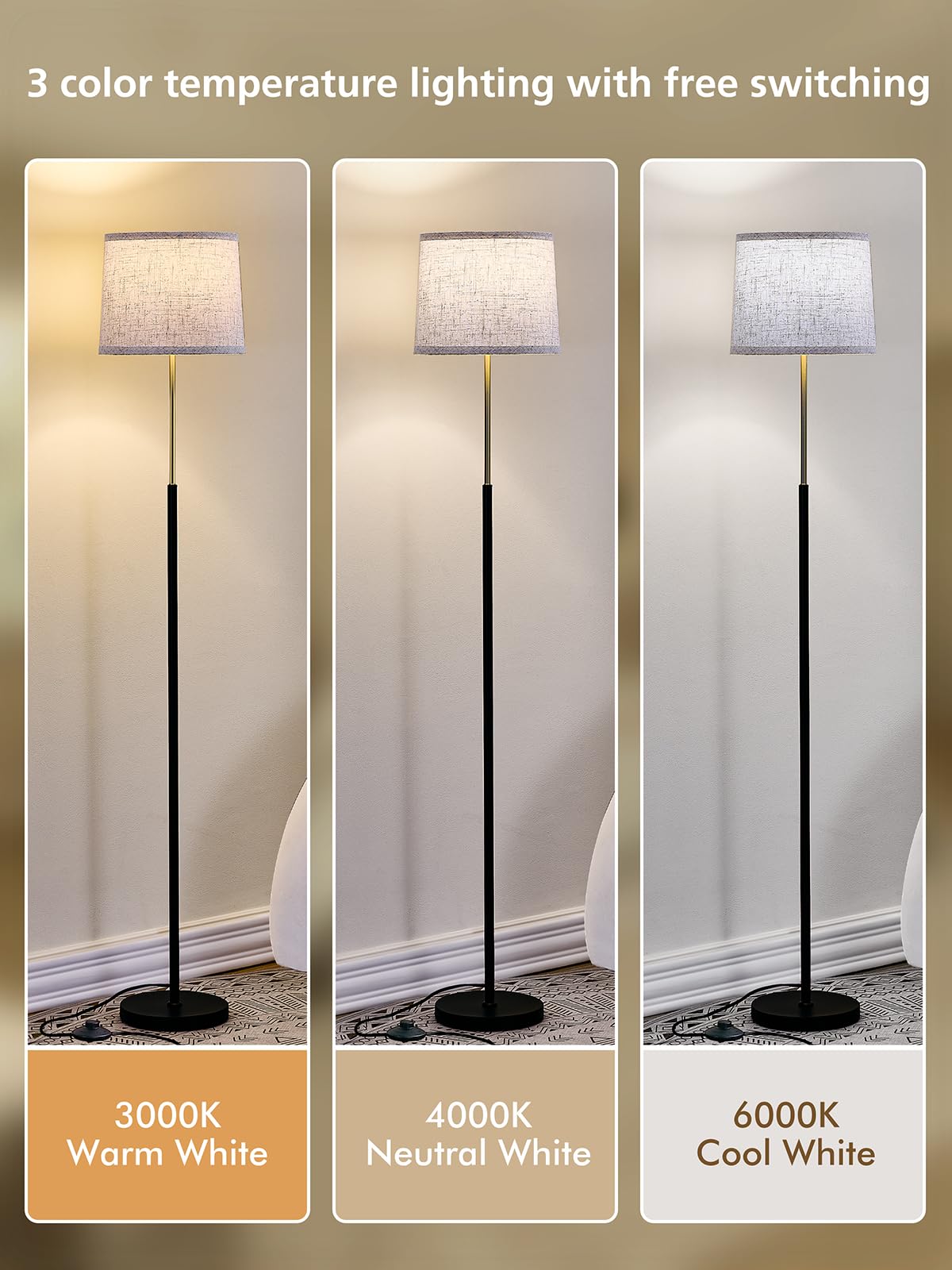 60" Modern Floor Lamp for Living Room Bedroom, Standing Lamp with Oatmeal Linen Lampshade, Tall Lamp with A19 9W 3 Color Temperature Bulb, Foot Switch Control, Black