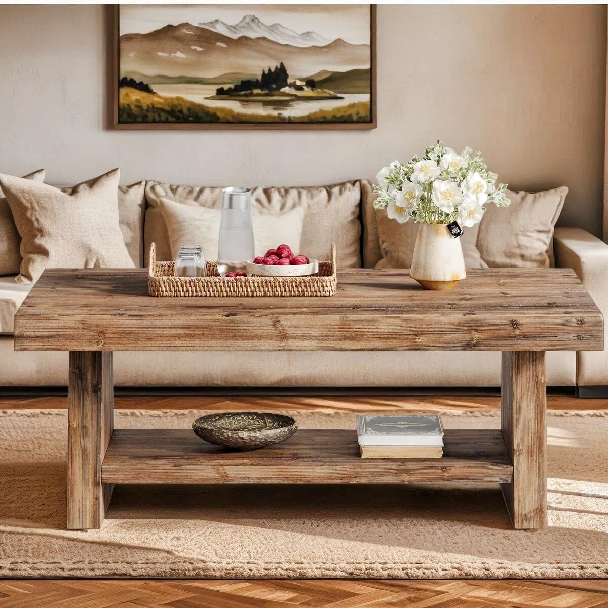Solid Wood Coffee Table, 47-Inch Farmhouse Wooden Coffee Table for Living Room, 2-Tier Rectangular Center Table with Storage for Apartment, Home Office, Dark Brown