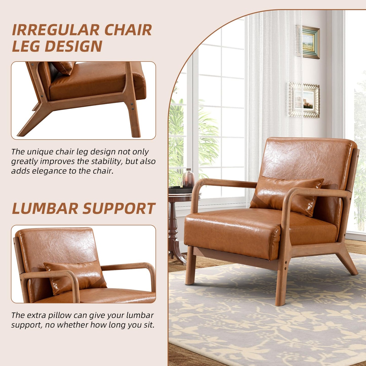 IOMOR Accent Chair Mid Century Modern Chair Linen Fabric Living Room Chairs with Solid Wood Frame Comfy Upholstered and Lumbar Pillow Reading Side Chair Easy Assembly for Bedroom Room (1, Linen Green)