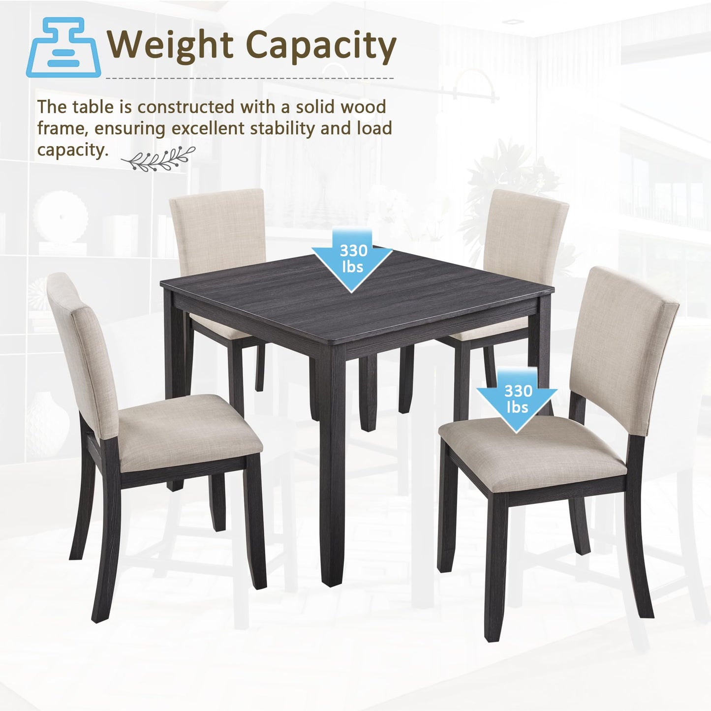 LKTART 5-Piece Kitchen & Dining Room Table and Chairs Sets,Small Square Kitchen Table with 4 Upholstered XX-Shaped Backrest Chairs,Walnut