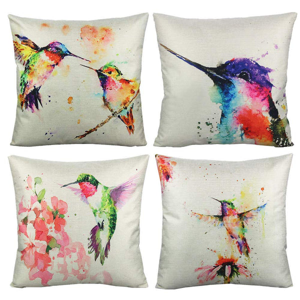 VAKADO Outdoor Throw Pillow Covers 18x18 Set of 4 Summer Spring Hummingbirds Decorative Tropical Cushion Cases Home Porch Décor Couch Outside for Patio Furniture Bed Sofa,Watercolor Birds Floral