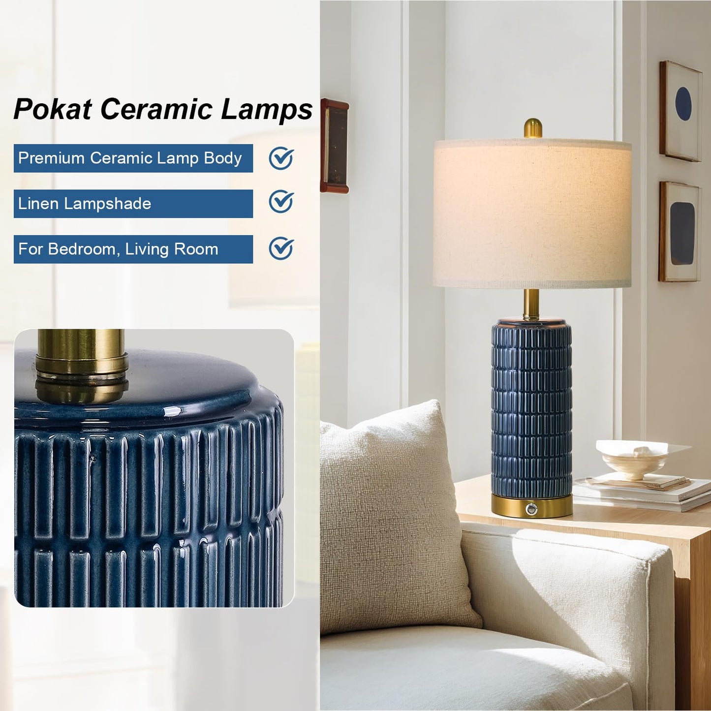PoKat Touch Bedside Table Lamps with USB Ports for Bedroom Living Room, 25'' Dimmable Nightstand Touch Lamps for Living Room, Modern Ceramic Lamps for Night Stands Bedroom, Office, White and Beige