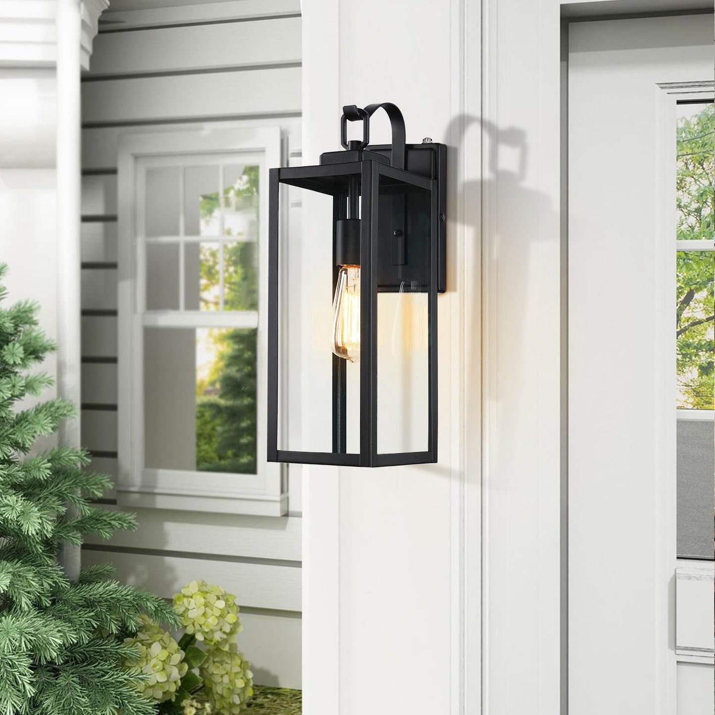 18 Inch Dusk to Dawn Outdoor Wall Light Fixtures, Large Exterior Waterproof Light Fixtures, Black Modern Porch Lights with E26 Sockets & Glass Shades, Wall Sconces for Patio, Garage, Front Door