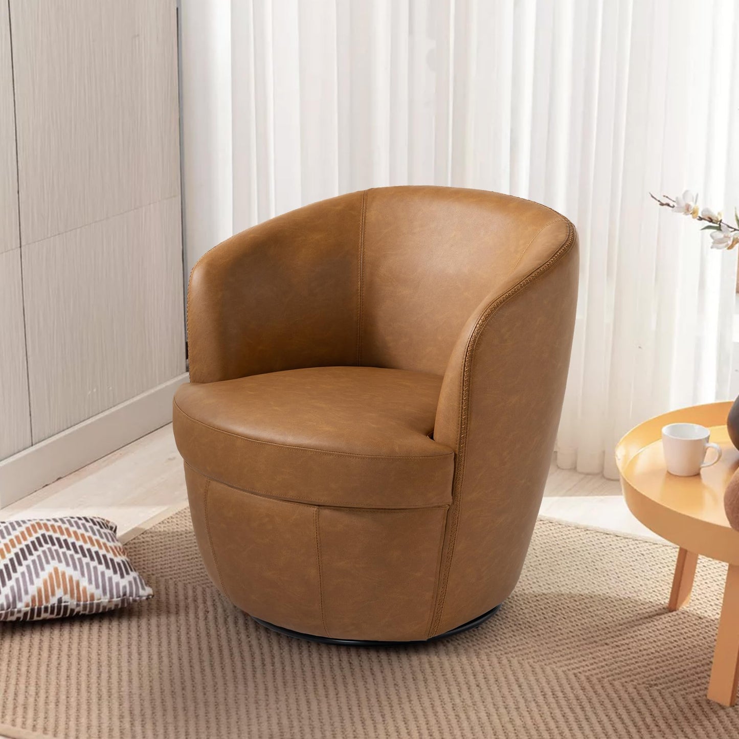 360° Swivel Barrel Accent Chair, Faux Leather Round Swivel Chair for Living Room, Comfy Upholstered Armchair Single Sofa Club Chair for Bedroom Reading Room, No Assembly Required - Light Brown