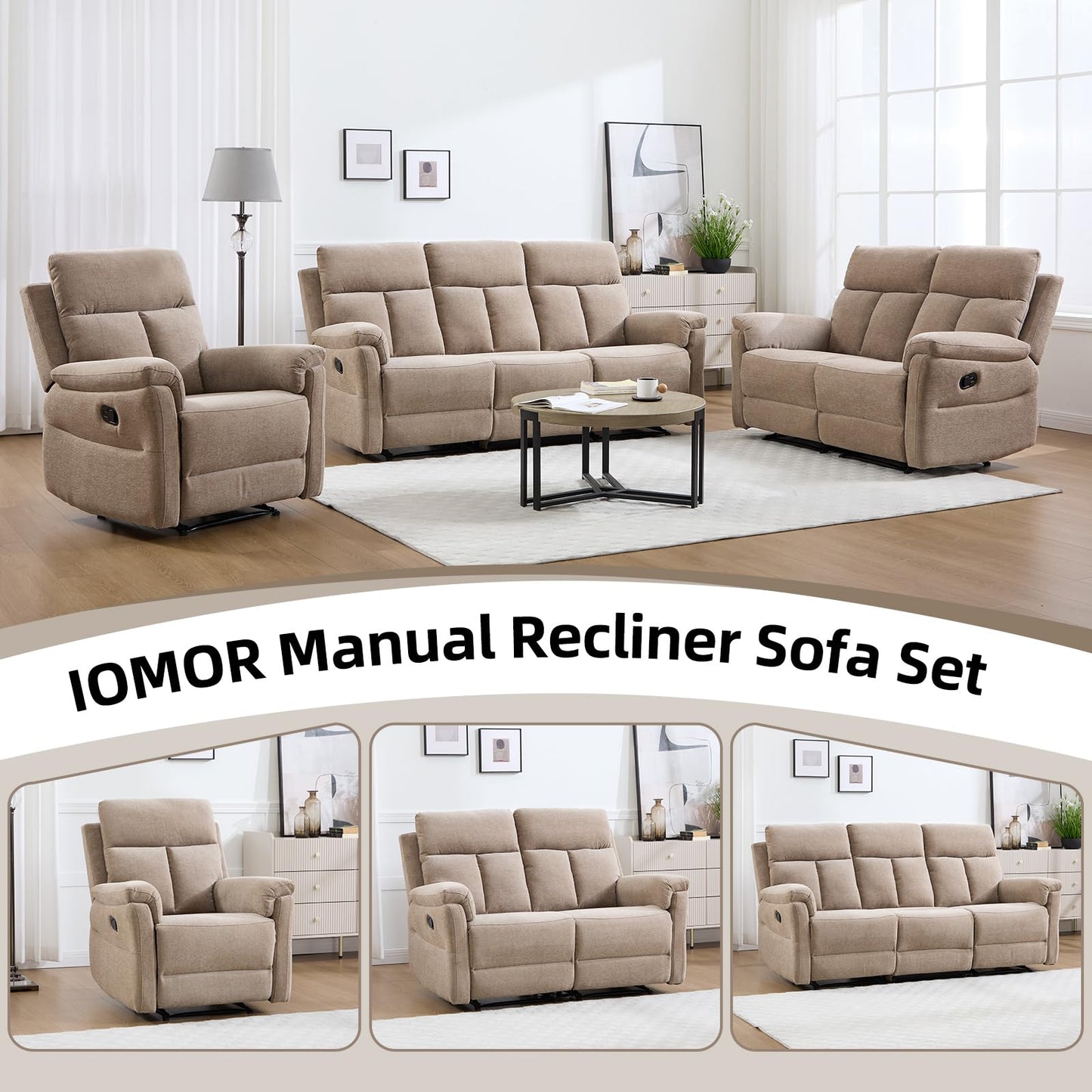 IOMOR Manual Reclining Loveseat, Soft Fabric Loveseat Recliner Couch for Adults with Overstuffed Arms and Back, Double Sofa Recliner for Living Room (Light Gray)
