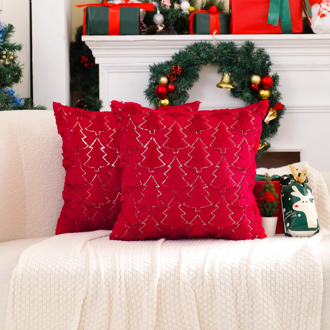 VAKADO Christmas Throw Pillow Covers 18x18 Set of 2 Embroidered Decorative Xmas Couch Cushion Cases Holiday Soft Home Decor for Bedroom Sofa Chair Porch Winter, Cream