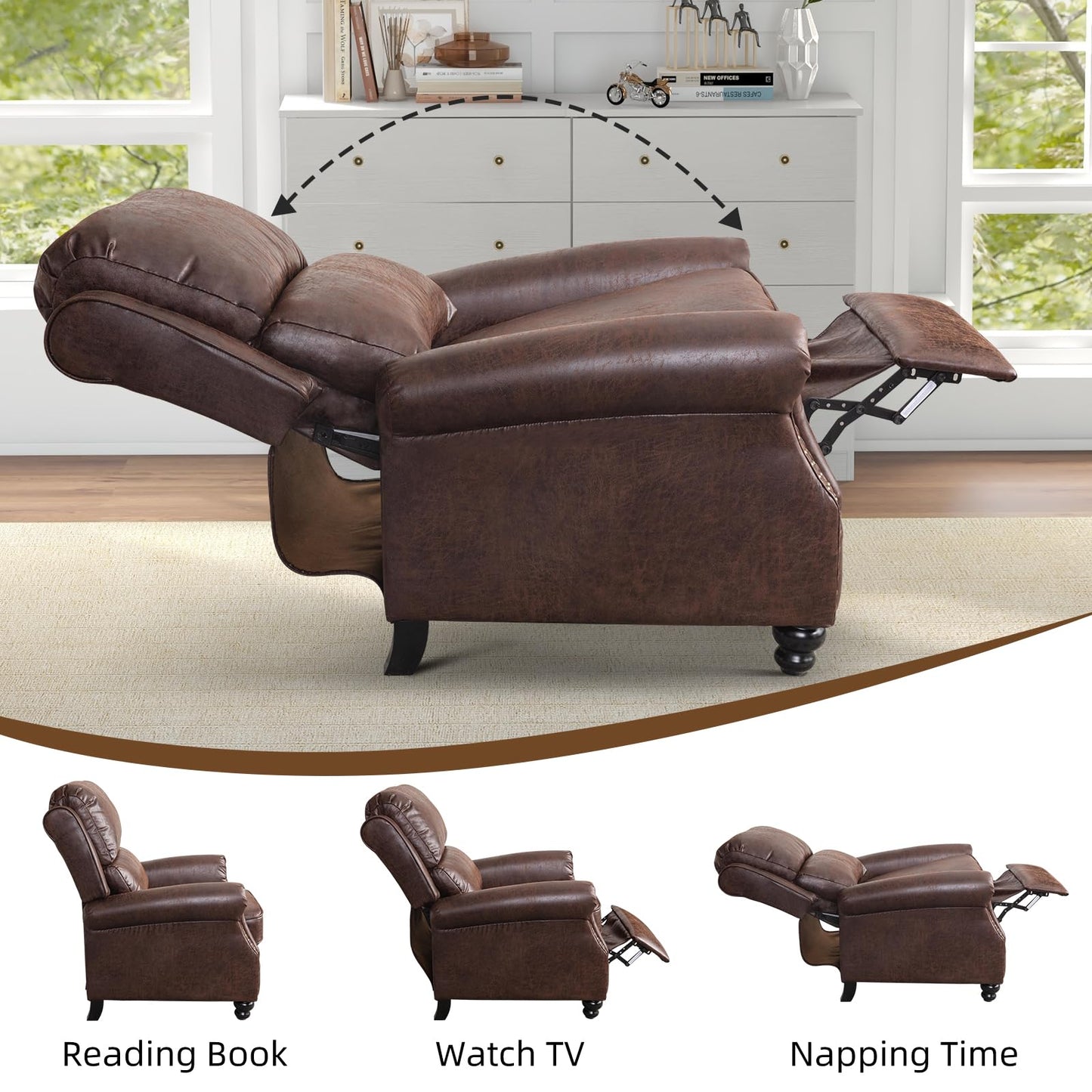 IOMOR Push Back Recliner Chair Faux Leather Lounge Armchair with Rivet Decoration Wingback Single Sofa Chair with Padded Seat Solid Wood Legs for Living Room, Comfy Upholstered, Red Brown