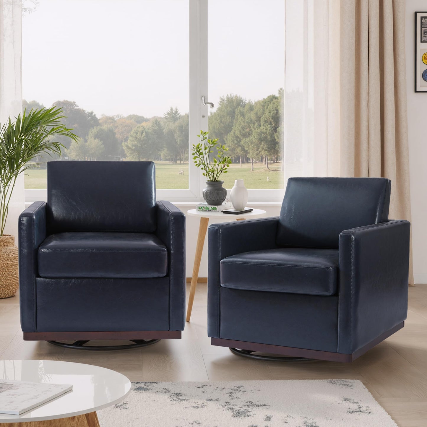 Swivel Accent Chairs Set of 2, 360° Swivel Upholstered Faux Leather Club Armchairs for Living Room, Comfy Single Sofa Reading Chair with Deep Seat, Metal Swivel Base, Coffee