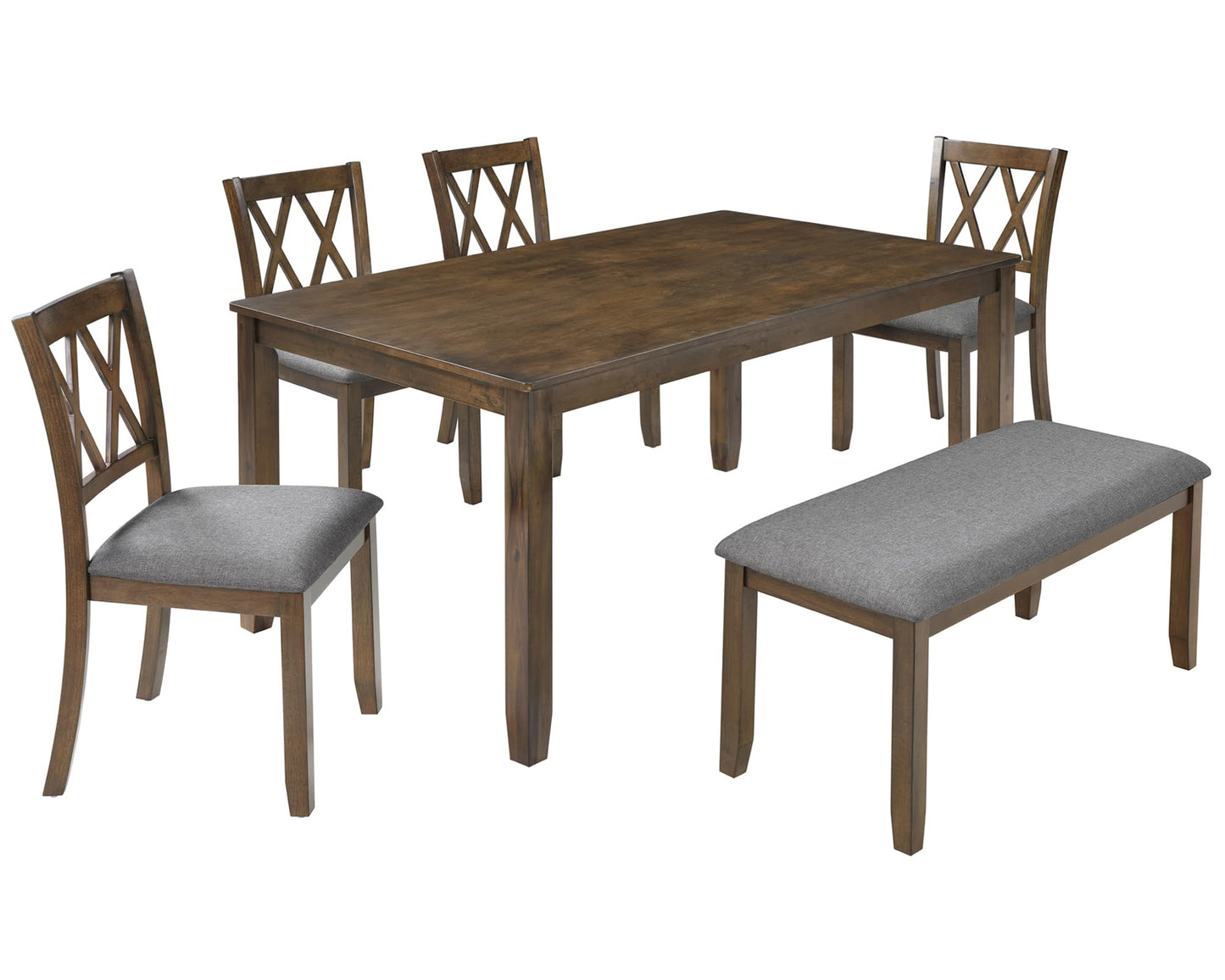 LKTART 6 Piece Kitchen Dining Set, 58.5" Rectangular Wooden Dinner Table with 4 Upholstered Chairs and a Bench for Living Room, Home Bar and Kitchen, Walnut