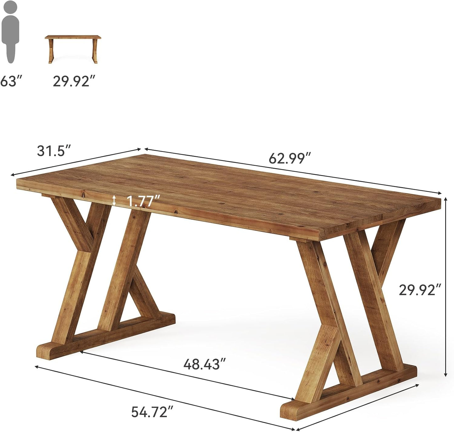 63" Solid Wood Executive Desk for Home Office, Farmhouse Wooden Large Office Computer Desk, Writing Study Table Business Workstation with X Shaped Legs, Rustic Brown