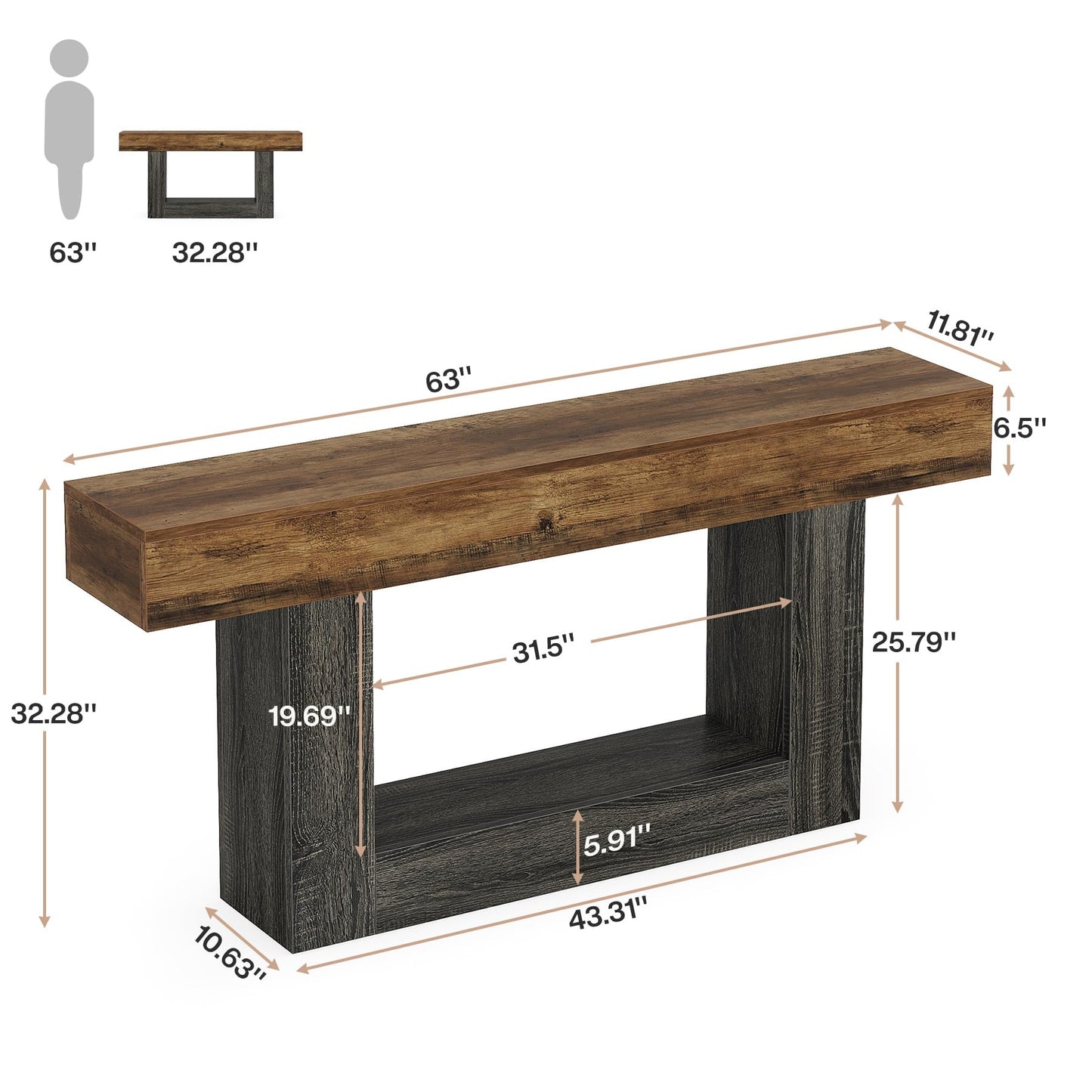 Tribesigns 63" Console Table, Farmhouse 2-Tier Entryway Table with U-Shaped Base, Narrow Long Wood Sofa Table Behind Couch Table for Living Room, Hallway, Foyer, Vintage Brown & Gray | Farmhouse
