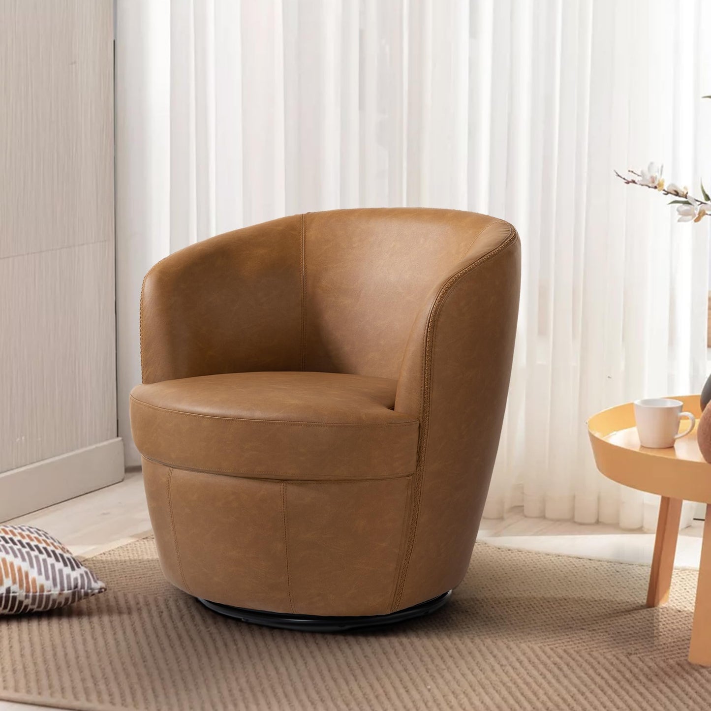 360° Swivel Barrel Accent Chair, Faux Leather Round Swivel Chair for Living Room, Comfy Upholstered Armchair Single Sofa Club Chair for Bedroom Reading Room, No Assembly Required - Light Brown