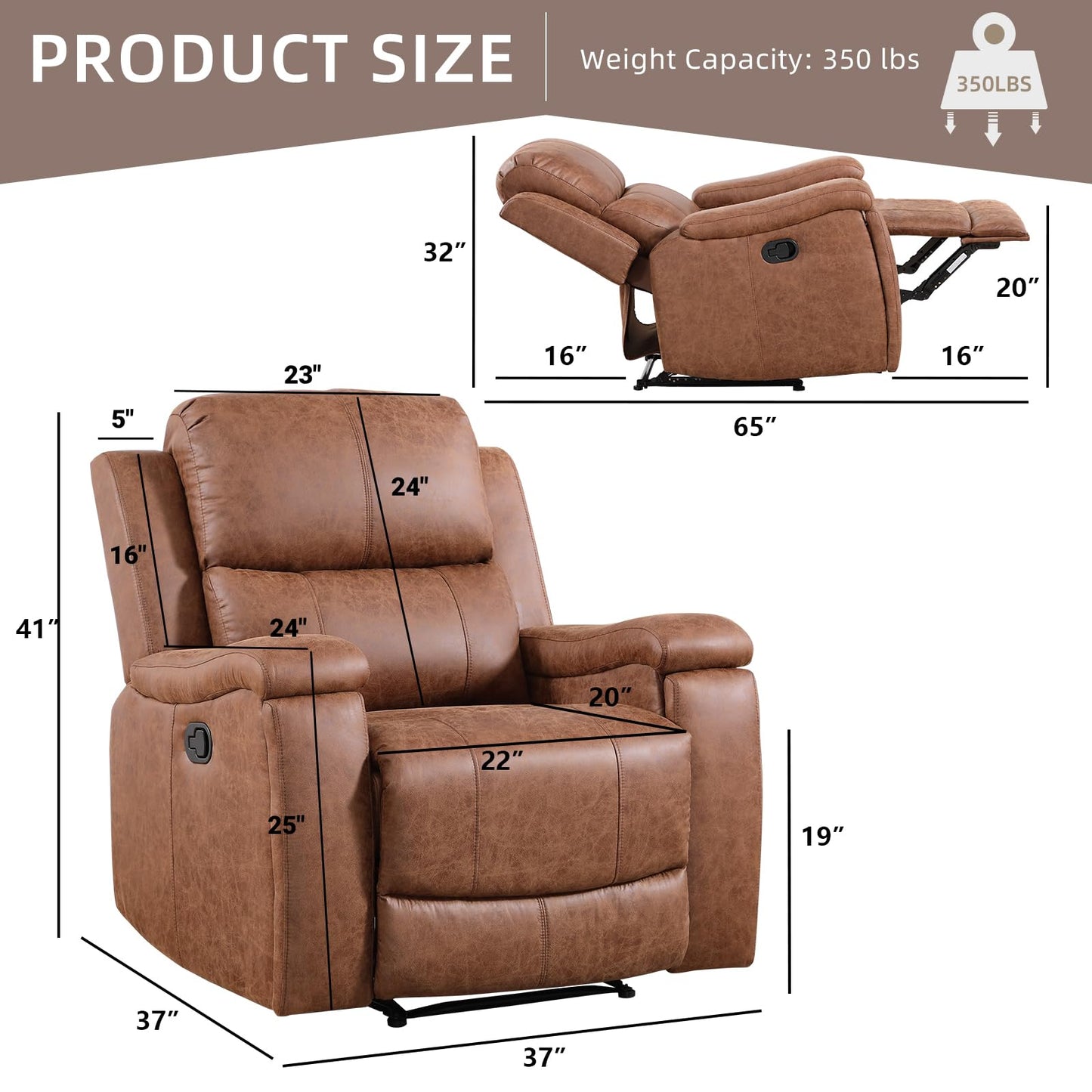 IOMOR Leather Recliner Chair, Manual Recliner Chair for Adults with Overstuffed Arms and Back, Single Sofa Recliner with Cup Holders for Living Room (1, Brown)