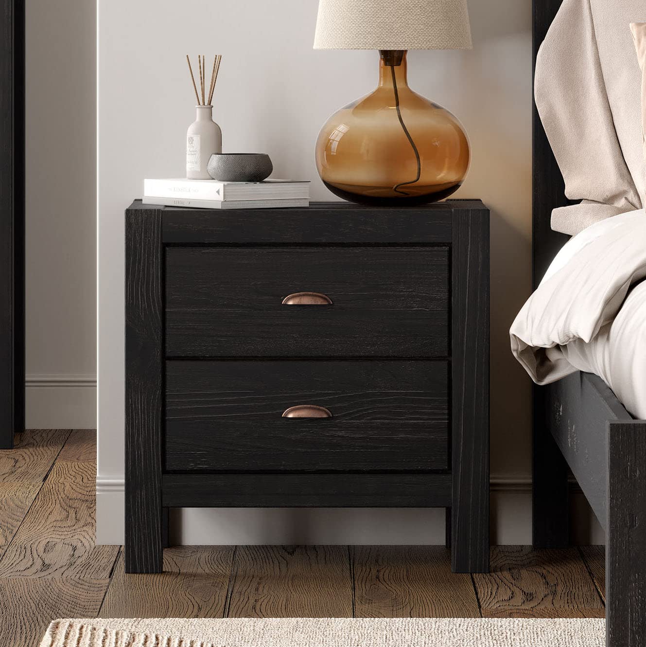 Grain Wood Furniture Montauk 2-Drawer Bedside Nightstand, Solid Wood with Rustic Walnut Finish