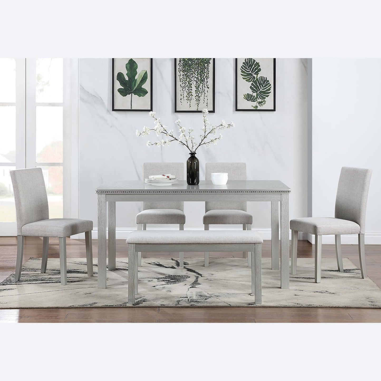 LKTART 6 Piece Kitchen Dining Set, 58.5" Rectangular Wooden Dinner Table with 4 Upholstered Chairs and a Bench for Living Room, Home Bar and Kitchen, Walnut