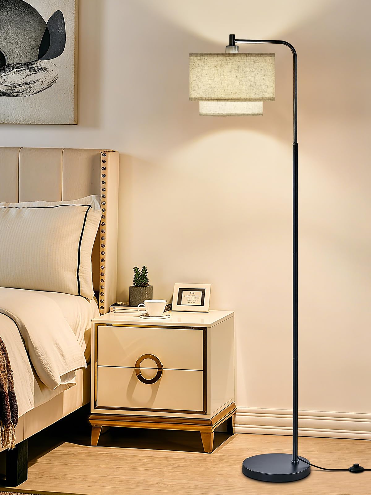 64" Modern Floor Lamp for Living Room Bedroom, Floor Lamp with 3 Color Temperatures, Standing Lamp with Double Oatmeal Linen Lampshade, Tall Lamp with A19 12W LED Bulb, Foot Switch Control, Black