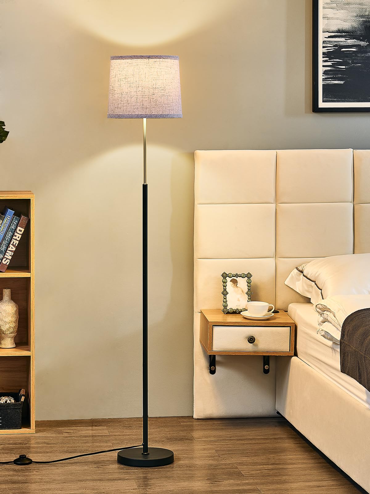 60" Modern Floor Lamp for Living Room Bedroom, Standing Lamp with Oatmeal Linen Lampshade, Tall Lamp with A19 9W 3 Color Temperature Bulb, Foot Switch Control, Black