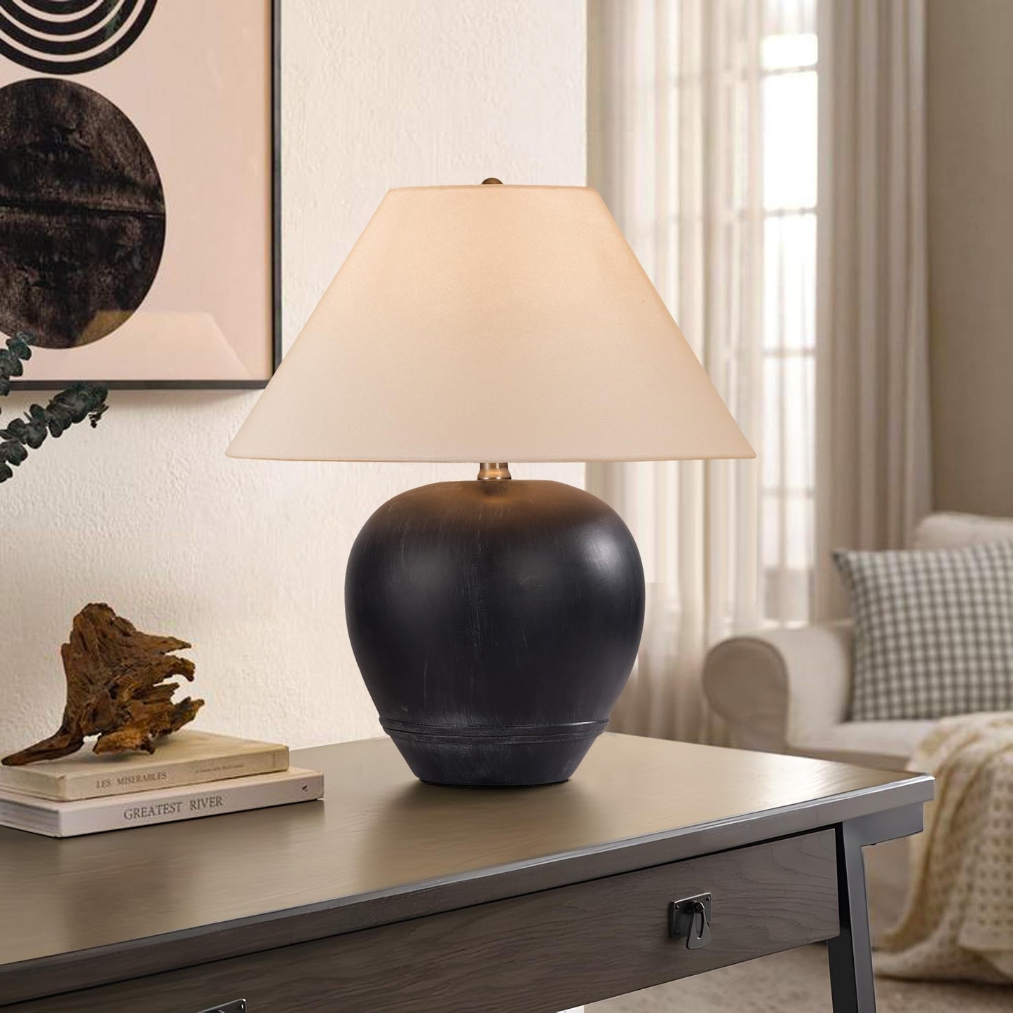 Farmhouse Ceramic Table Lamp, 21" Rustic Table Lamp with Linen Shade, 3-Way Dimmable Bedside Nightstand Lamps for Bedroom, Living Room, E26 Socket, Dark Grey
