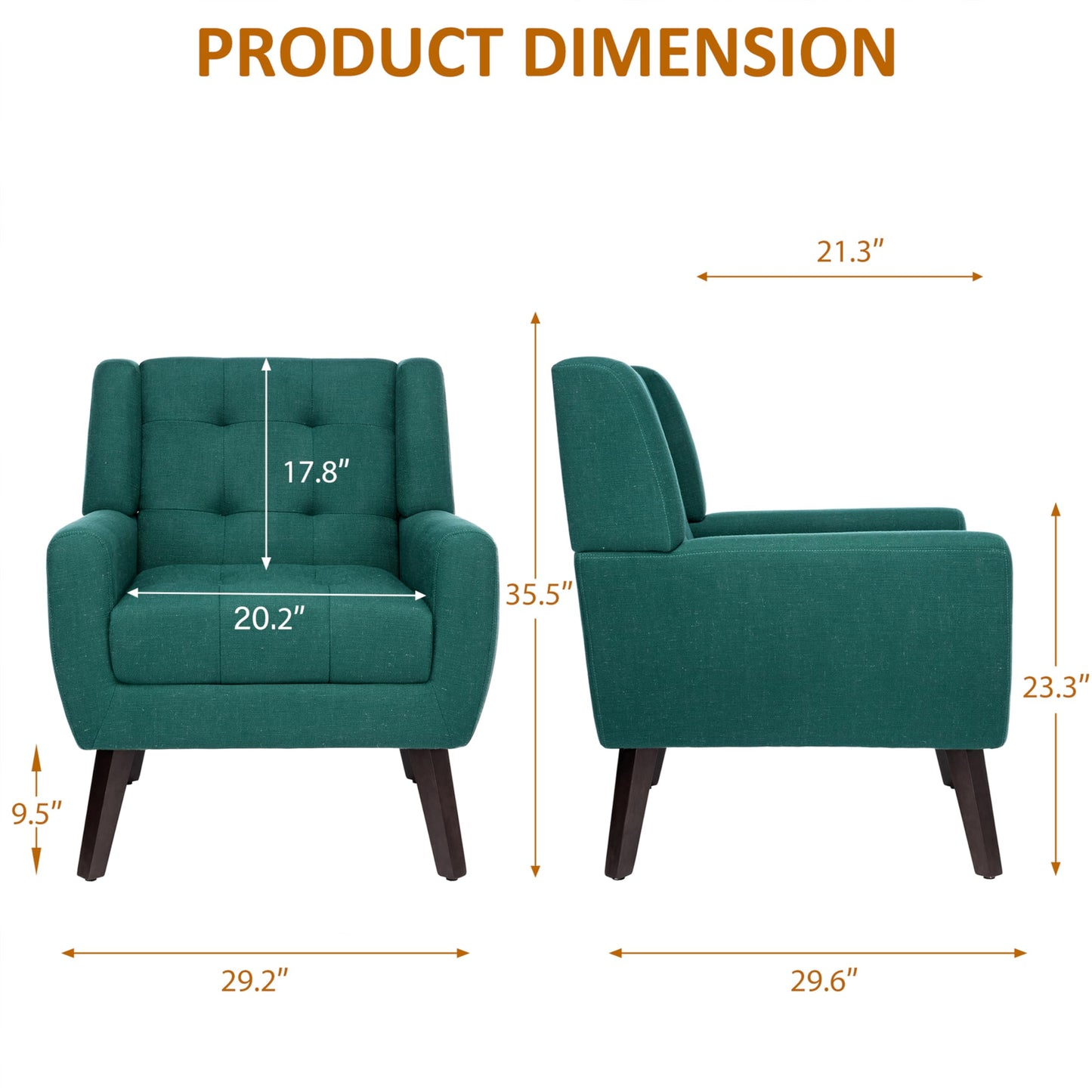 Faux Leather Accent Chairs Set of 2, Mid-Century Modern Upholstered Armchair, Comfy Living Room Chairs Reading Chairs with Button Tufted Back & Solid Wood Legs for Bedroom, Office, Black
