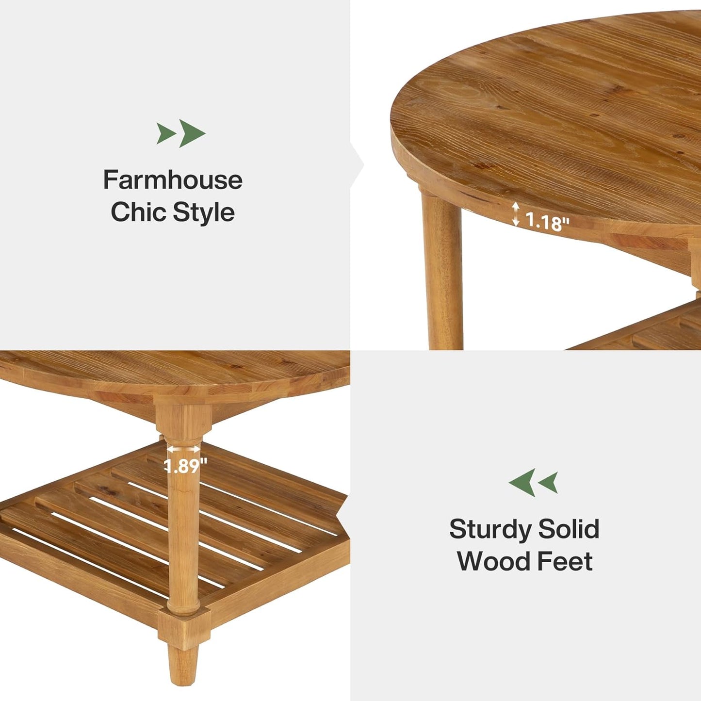 Round Coffee Table, 31.5" Farmhouse Solid Wood Center Table with Storage, 2-Tier Circle Accent Table for Living Room, Small Spaces, Apartment, Rustic Brown