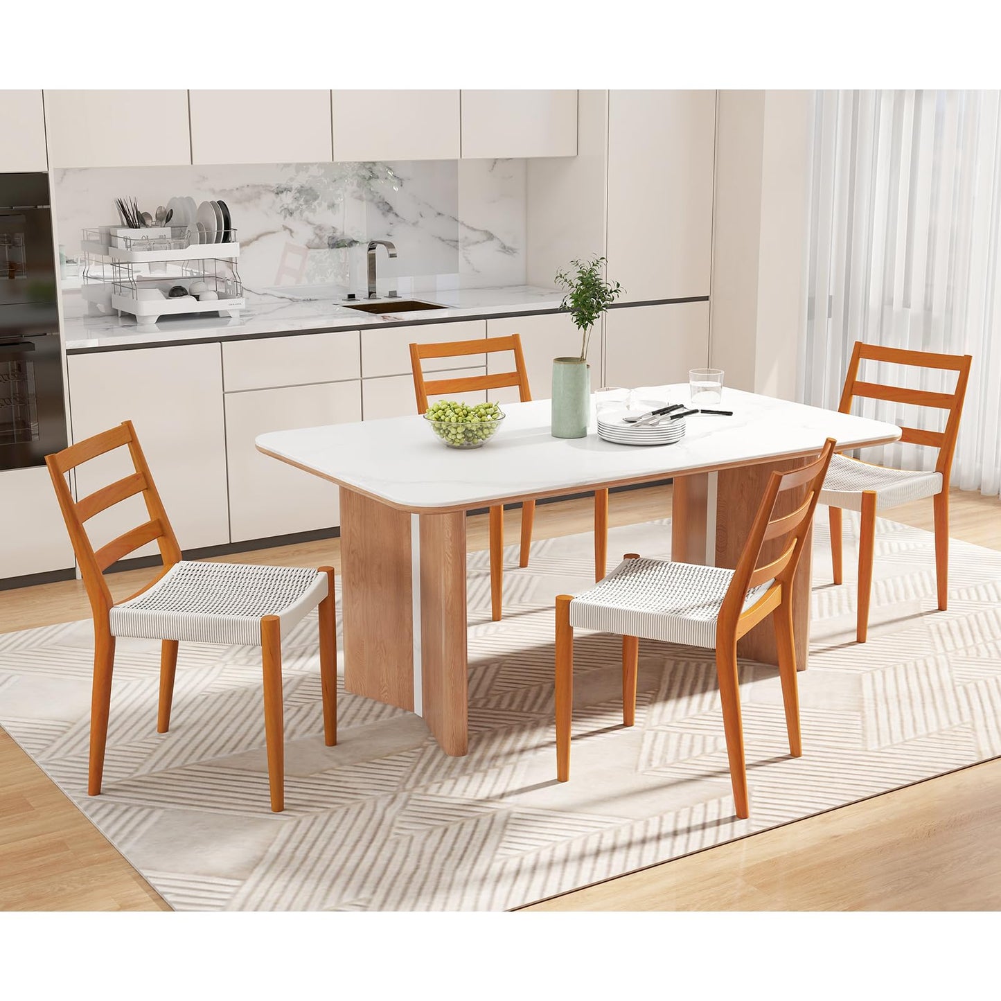 IOMOR Dining Chairs Set of 4, Modern Kitchen Chairs with Woven Seat and Solid Wood Legs for Dining Room, Kitchen Table Chairs with Solid Wood Legs(Beige)