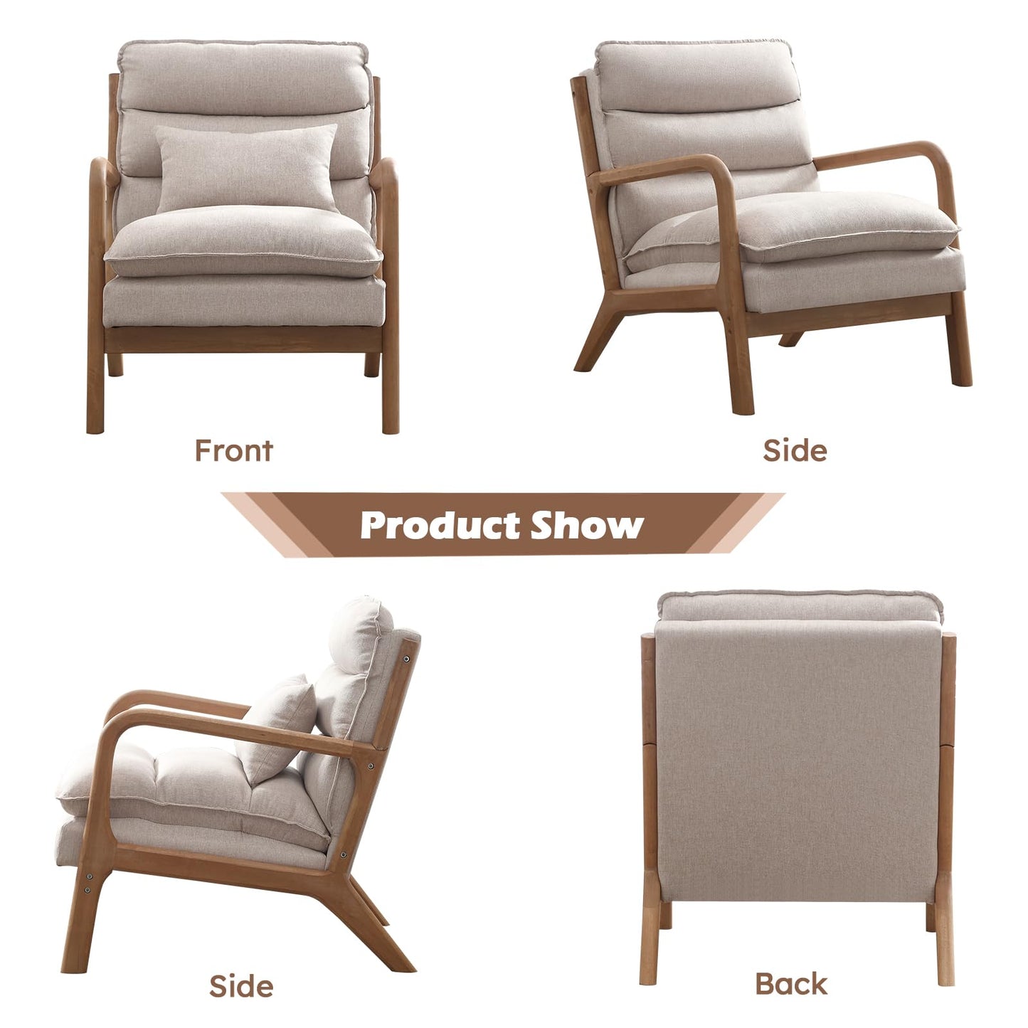 IOMOR Mid Century Modern Accent Chair, Upholstered Lounge Armchair with Plump Back Pillow, Comfy Reading Chair with Solid Wood Frame for Bedroom Living Room, Brown