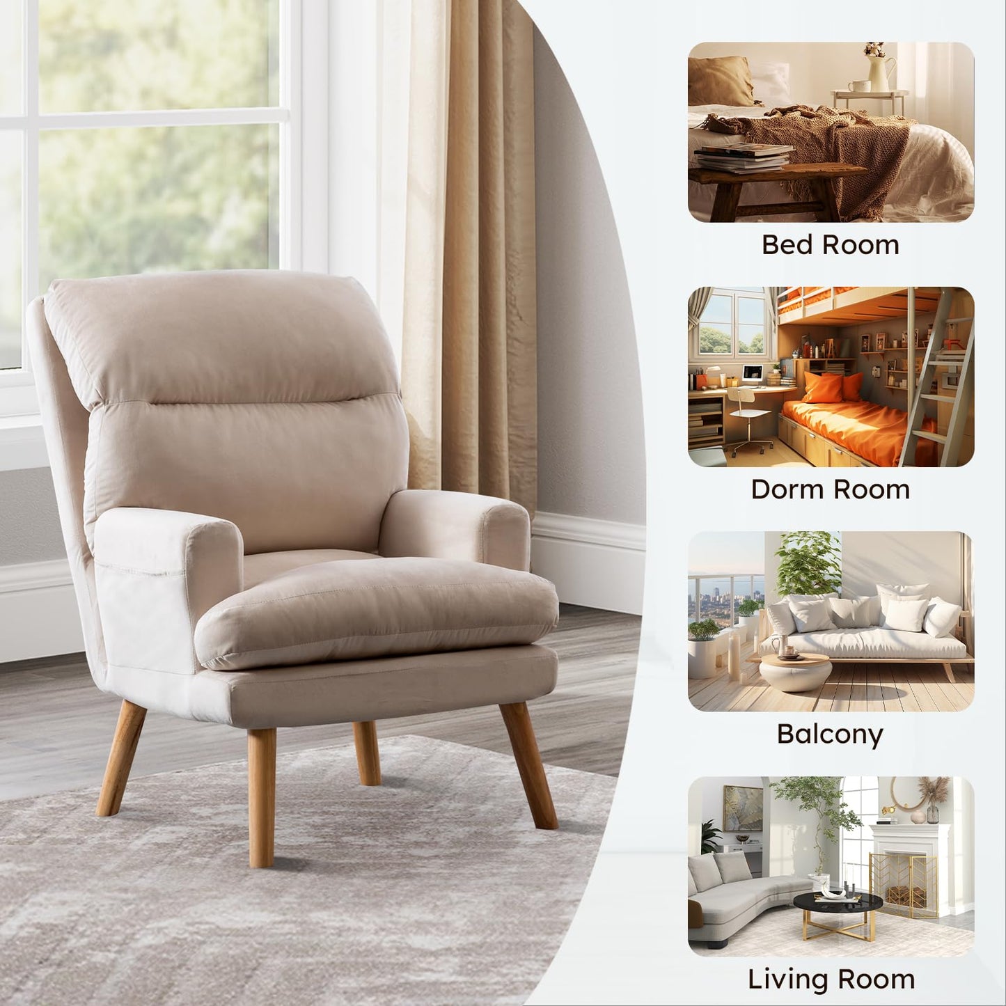 IOMOR Accent Chair with Ottoman Comfy Reading Chair Armchair with Adjustable Backrest and Side Pockets Soft Fabric Leisure Sofa for Bedroom, Living Room, Dorm Rooms, Garden, Beige