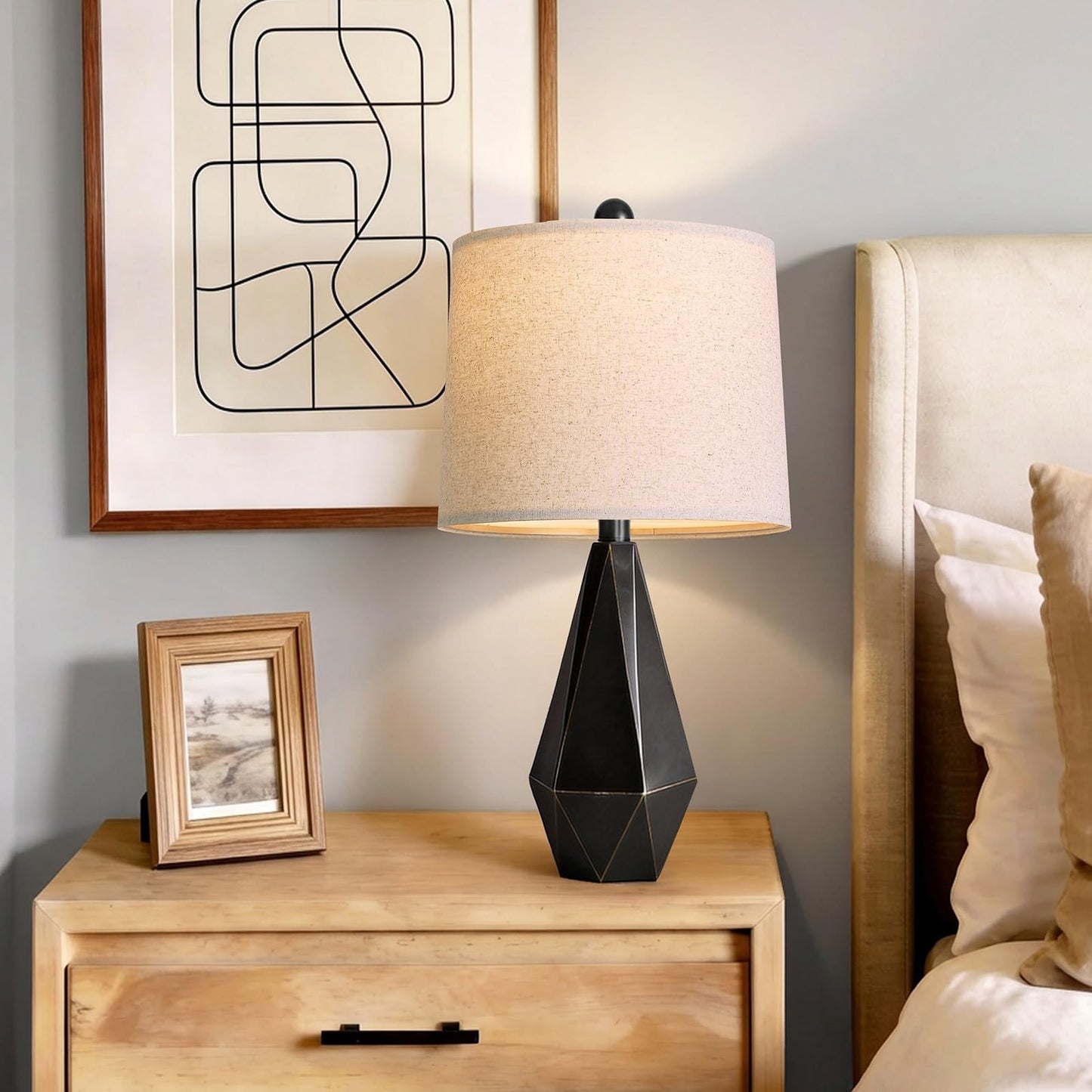 PoKat 23.5'' Table Lamps Set of 2 for Bedroom, Farmhouse Nightstand Lamps for Living Room, Rustic Bedside Lamps with Linen Lampshade for Side Table Office Hallway Entryway Dark Wood-Like (Brown)