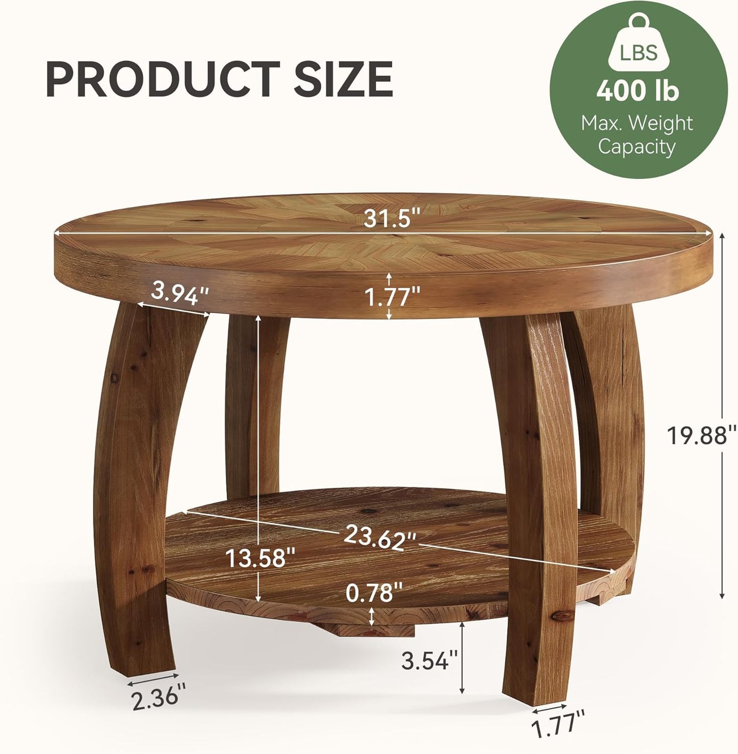 Solid Wood Round Coffee Table, 2-Tier Center Table with Storage, 31.5 Inch Wood Tabletop with Mosaic Pattern, Easy Assembly, for Living Room, Brown