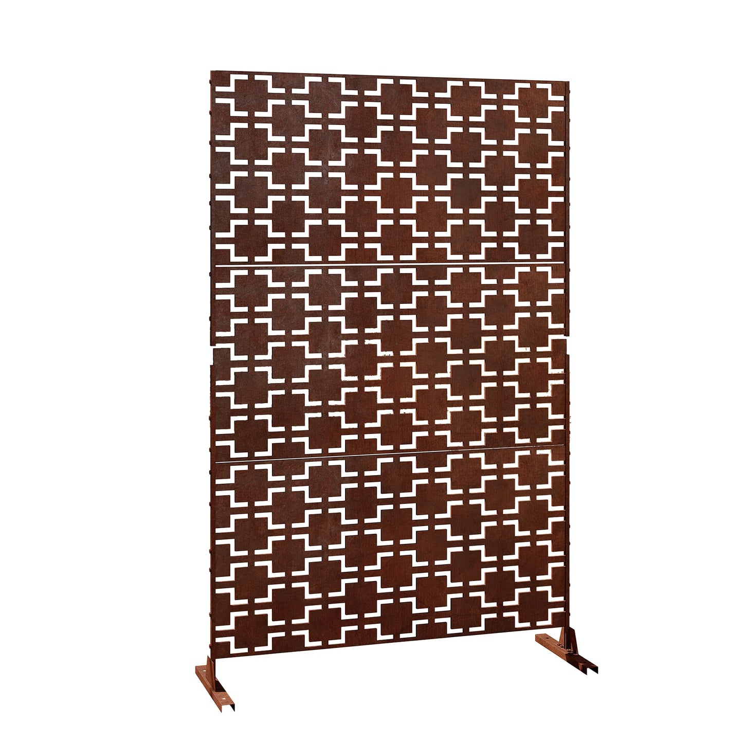 Outdoor Metal Privacy Screen with Stand, 72" H x 47" W Freestanding Outdoor Patio Divider, Decorative Patio Privacy Fence Panel for Garden Backyard Balcony Porch (Brown-Crossbanding)