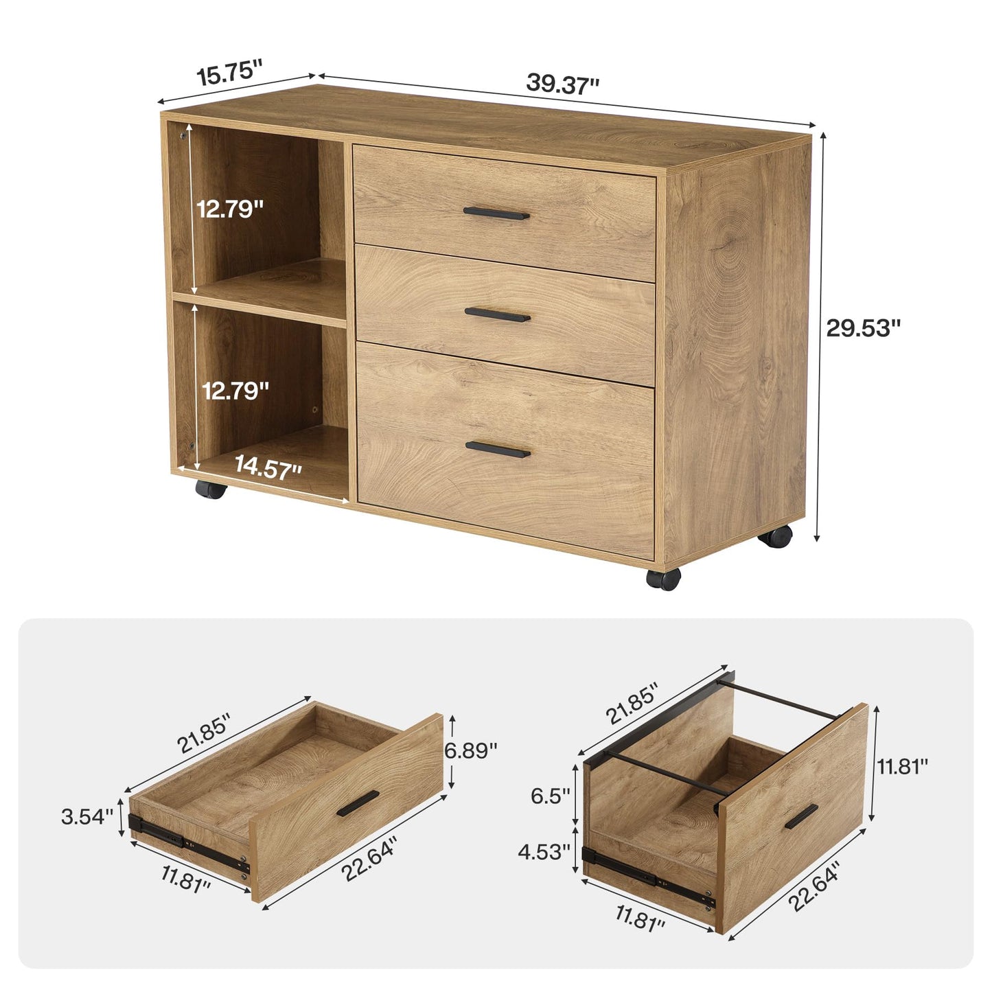 Tribesigns 39-Inch Rolling File Cabinet with 3 Drawers, Wooden Office Lateral Filing Cabinet, Modern Printer Stand with Storage Shelves for Home Office, Light Brown