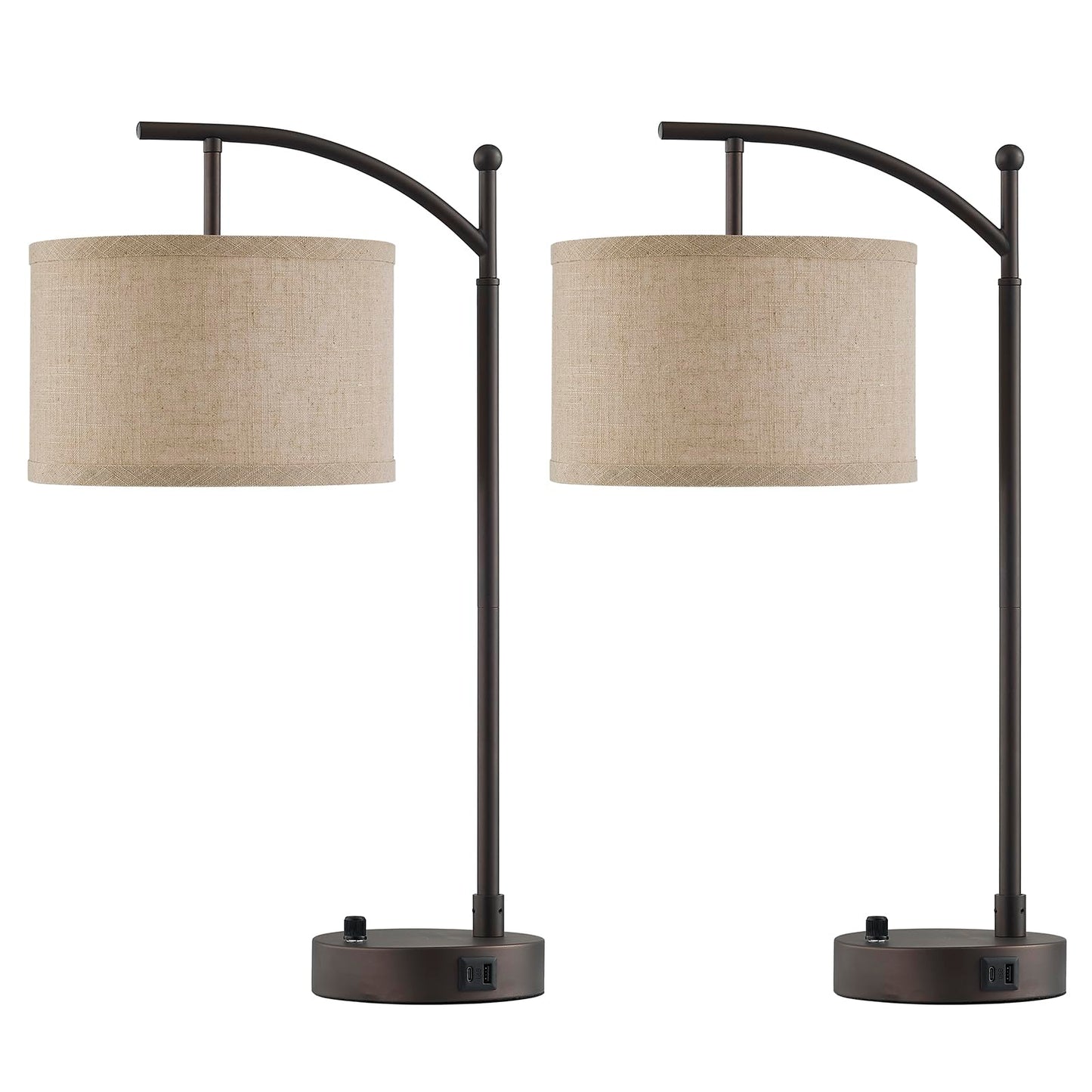 Table Lamp for Living Room Bedroom, 23.5" Table Lamps Set of 2 with USB C+A Ports, Bedside Lamps for Nightstand with Linen Lamp Shades, 2 Dimmable LED Bulbs Included, Black
