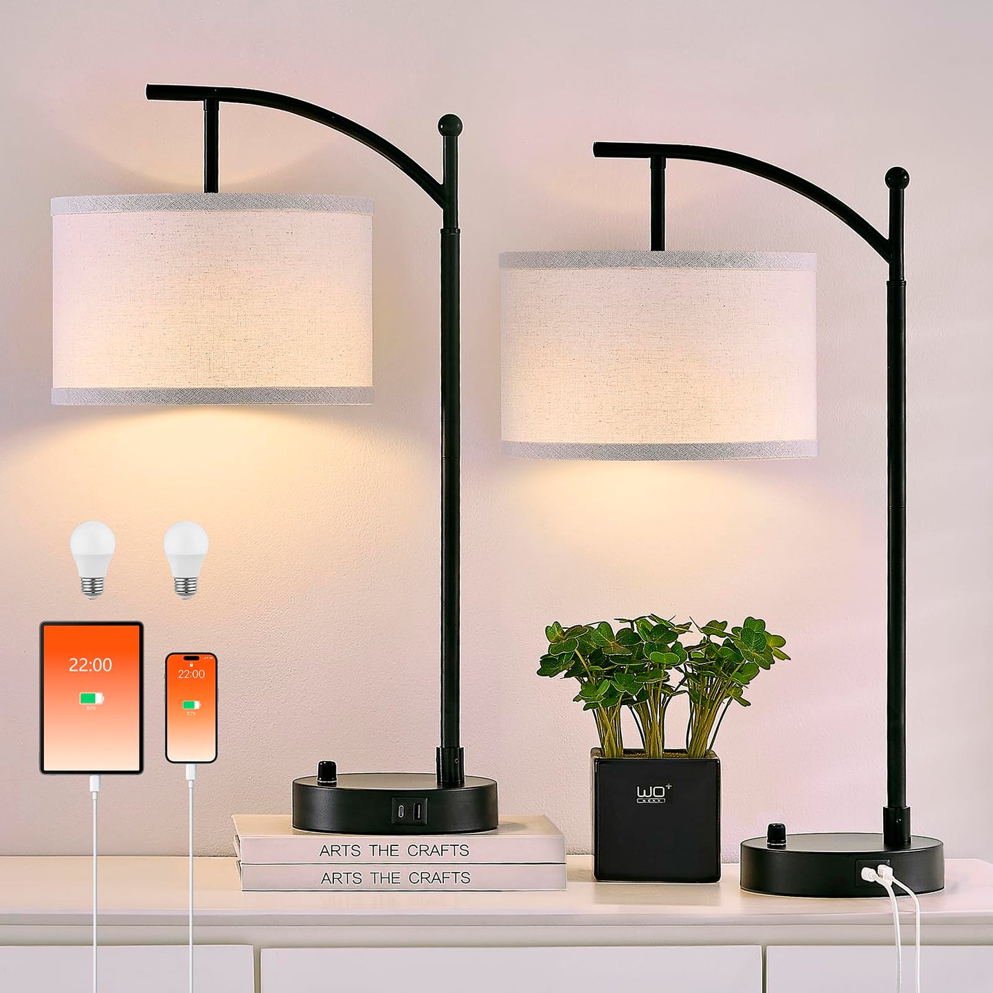 Table Lamp for Living Room Bedroom, 23.5" Table Lamps Set of 2 with USB C+A Ports, Bedside Lamps for Nightstand with Linen Lamp Shades, 2 Dimmable LED Bulbs Included, Black