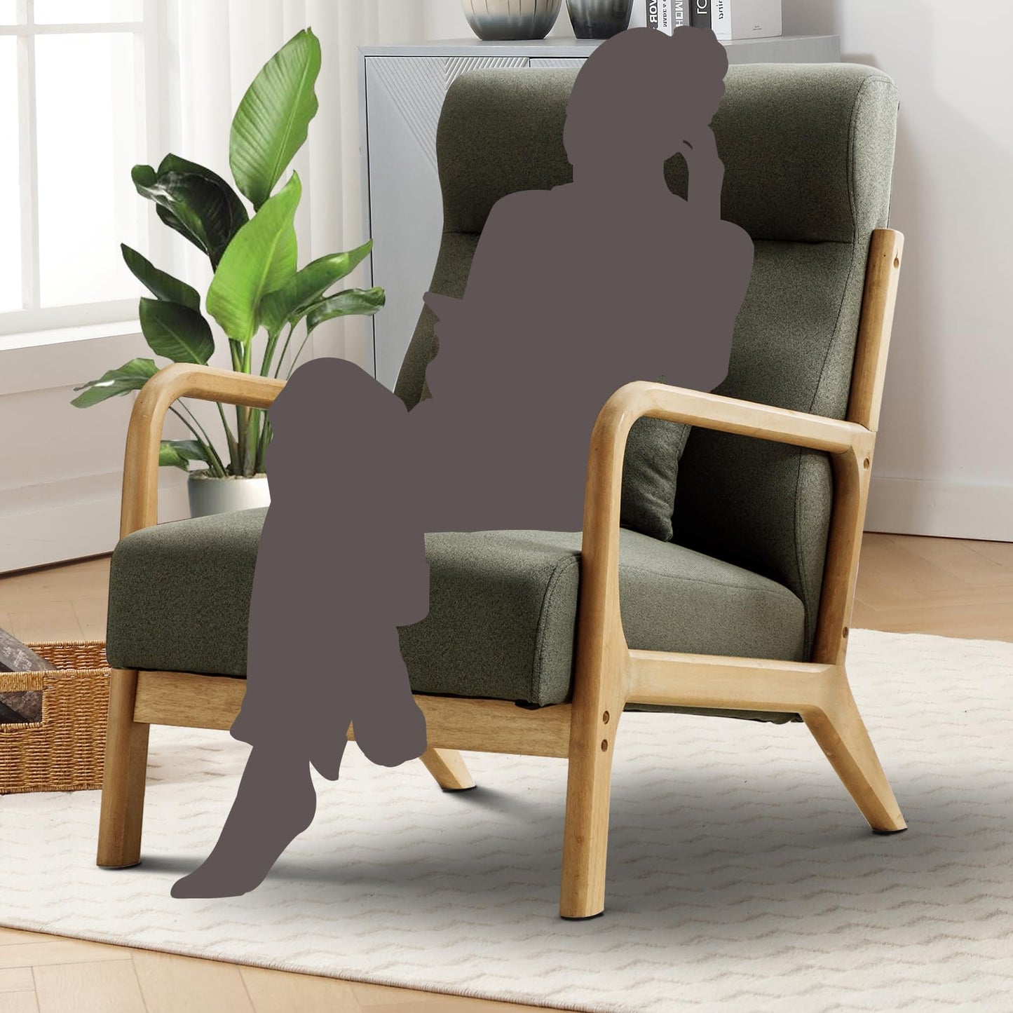 IOMOR Accent Chair Mid Century Modern Chair Linen Fabric Living Room Chairs with Solid Wood Frame Comfy Upholstered and Lumbar Pillow Reading Side Chair Easy Assembly for Bedroom Room (1, Linen Green)