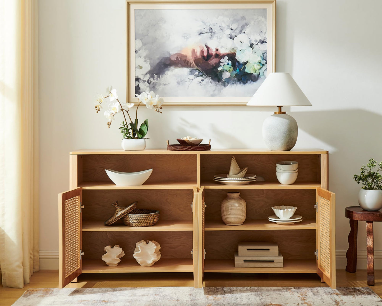 LKTART 63" Rattan Sideboard Buffet Cabinet,Kitchen Storage Cabinet,Wood Coffee Bars with 4 Doors & Open Storage Shelves,Mid Century Modern Credenza Console Table for Living Room,Walnut