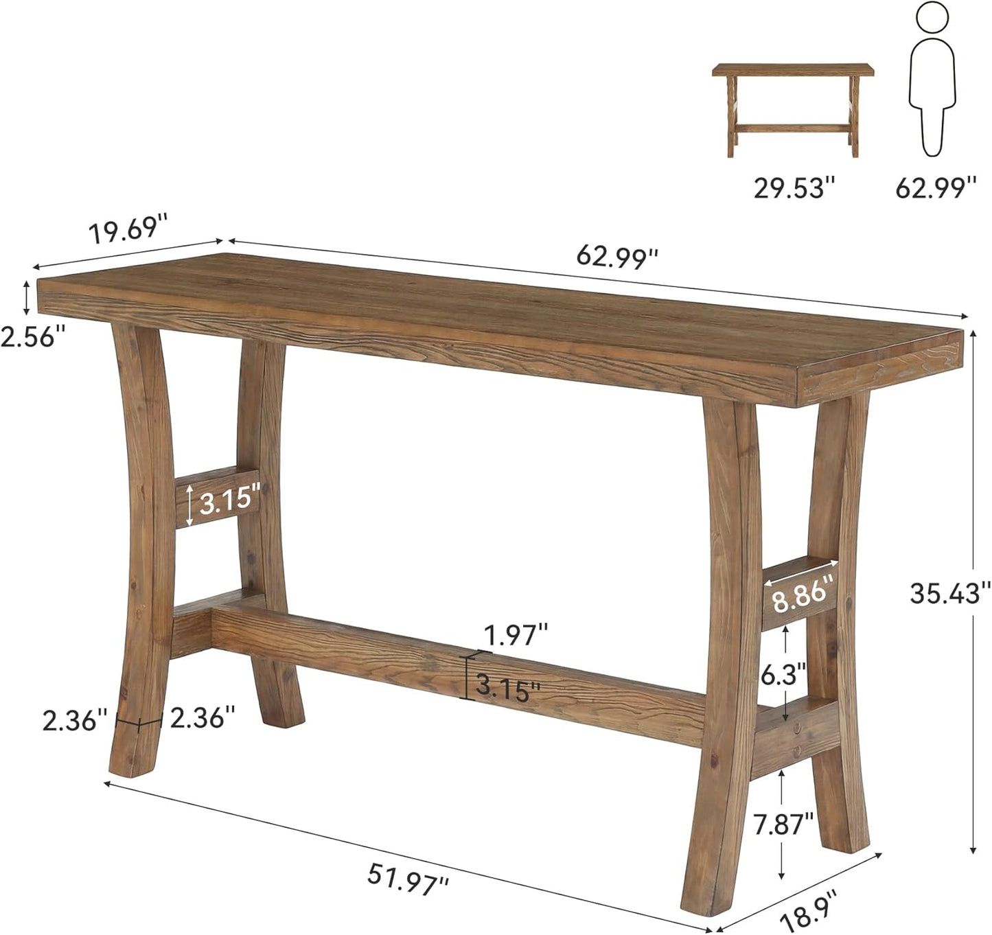 63-Inch Solid Wood Bar Table, Farmhouse Counter Height Pub Table with Footrest, Rectangular High Top Home Bar Units for Home Kitchen, Dining Room, Bistro (Without Chair, Retro Brown)