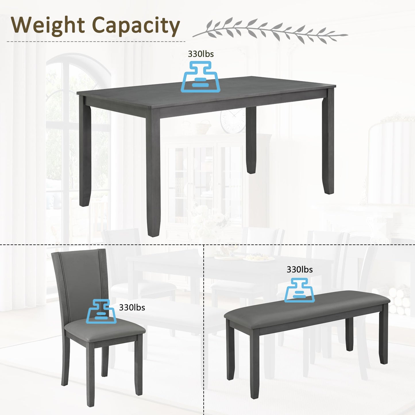 LKTART 6 Piece Kitchen Dining Set, 58.5" Rectangular Wooden Dinner Table with 4 Upholstered Chairs and a Bench for Living Room, Home Bar and Kitchen, Walnut