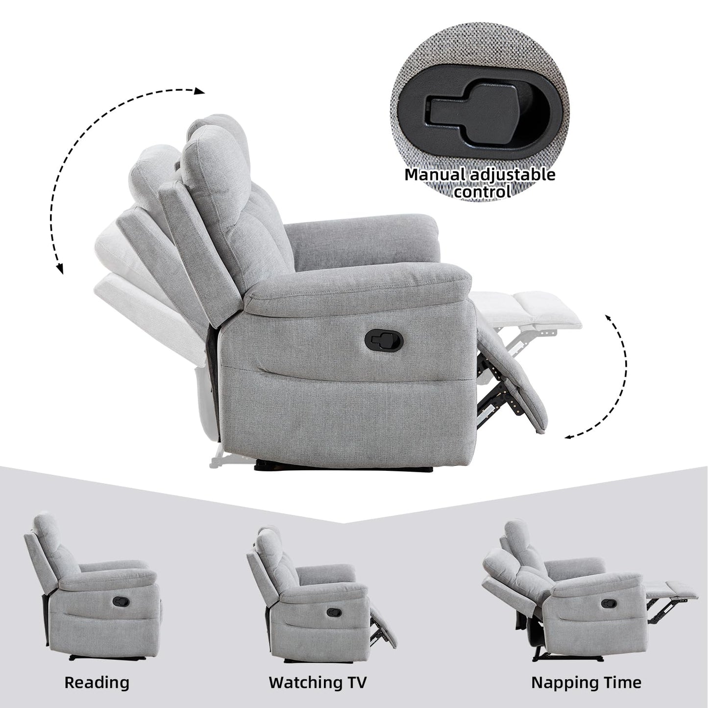 IOMOR Manual Reclining Loveseat, Soft Fabric Loveseat Recliner Couch for Adults with Overstuffed Arms and Back, Double Sofa Recliner for Living Room (Light Gray)