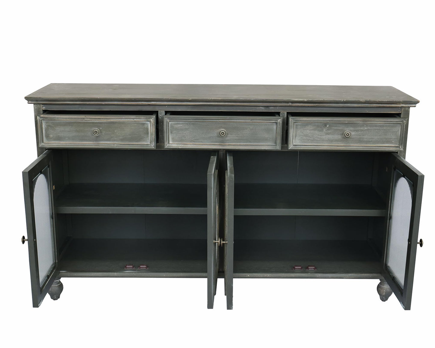 LKTART 60" Farmhouse Sideboard Buffet,Solid Fir Wood Frame with Hollowed-Out Carved Doors,Hand-Distressed Design,Versatile Storage Cabinet for Kitchen, Living Room,Natural Wood