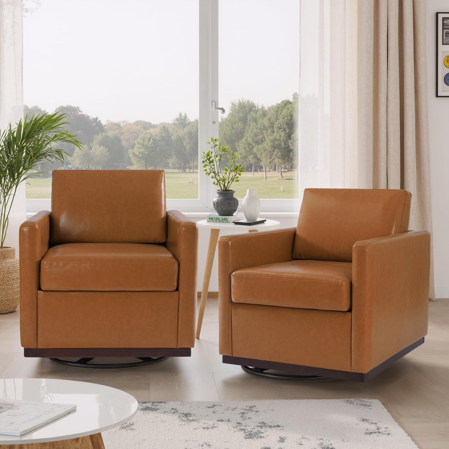 Swivel Accent Chairs Set of 2, 360° Swivel Upholstered Faux Leather Club Armchairs for Living Room, Comfy Single Sofa Reading Chair with Deep Seat, Metal Swivel Base, Coffee